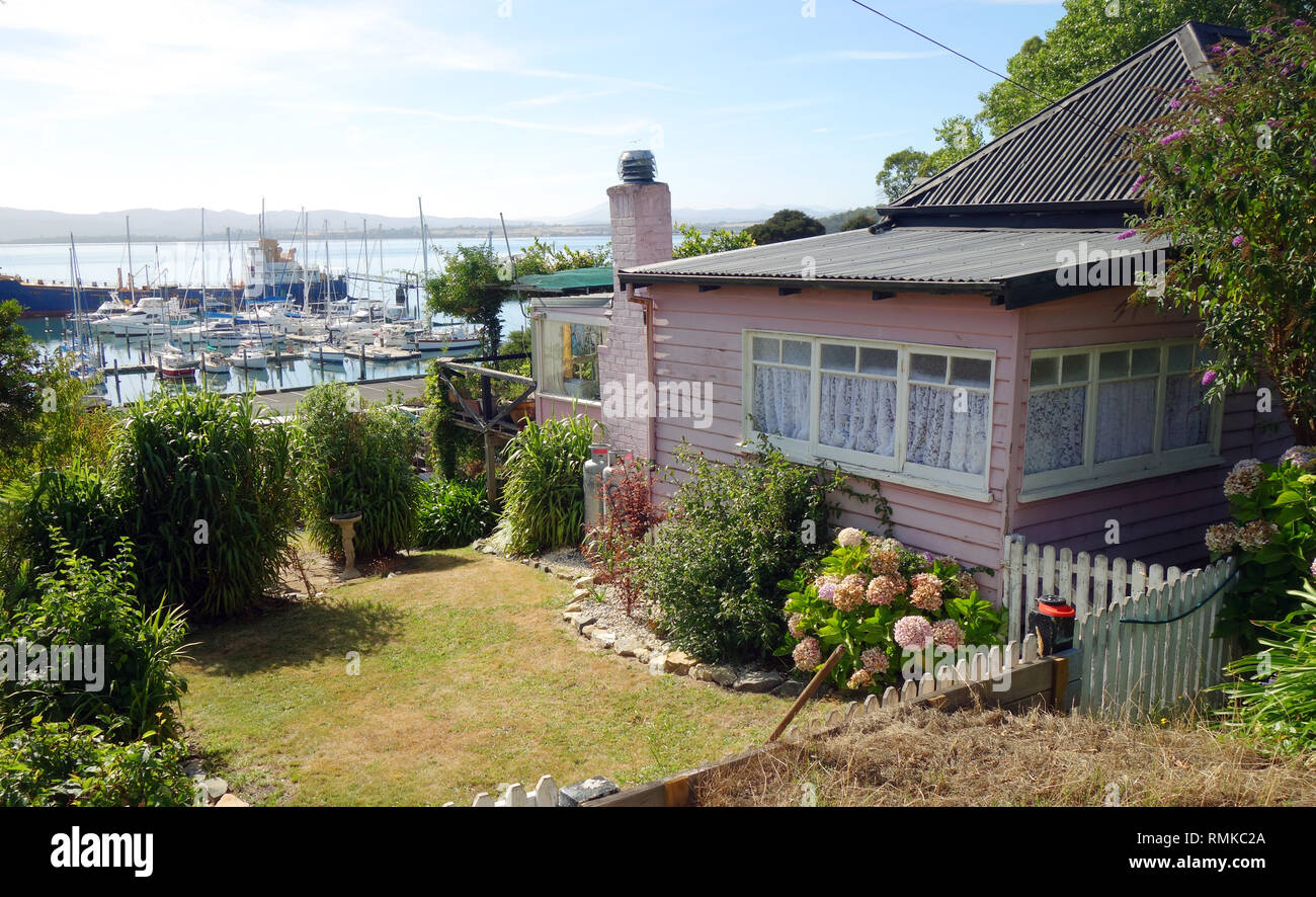 Lovely old cottage overlooking marina, Beauty Point, Tamar River, Tasmania, Australia. No PR Stock Photo