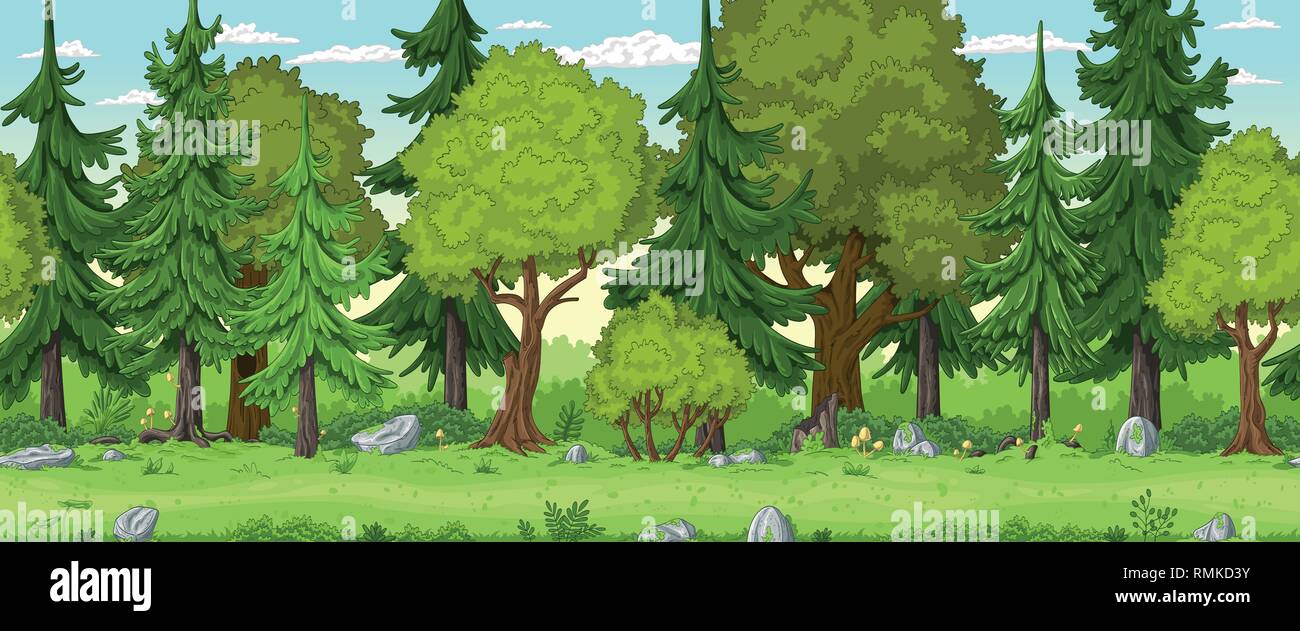 Seamless cartoon forest landscape. Hand draw with separate layers. Stock Vector