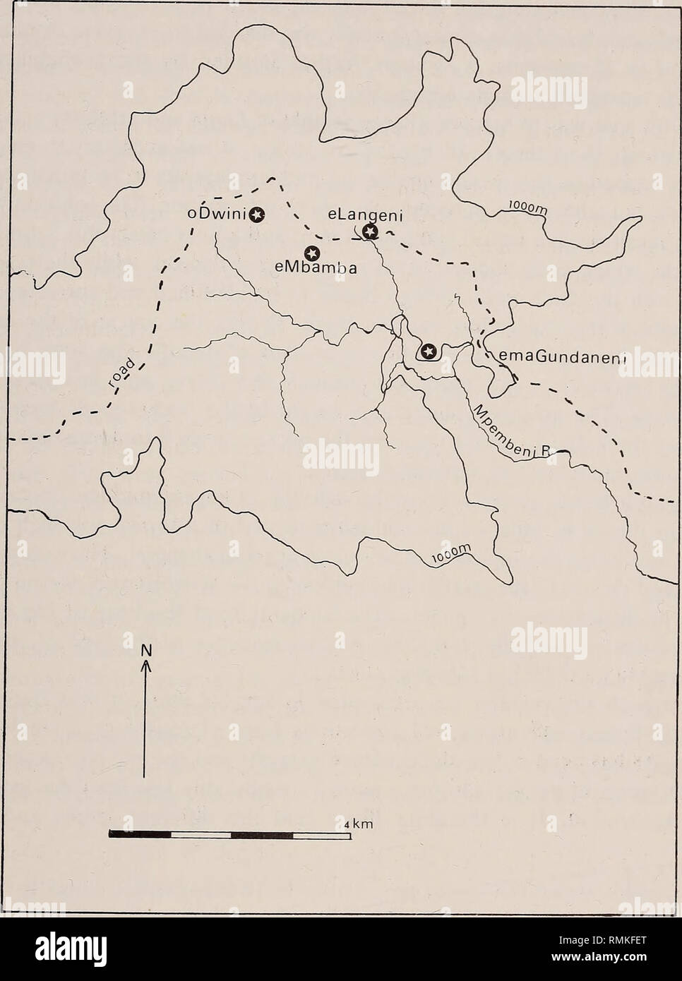 . Annals of the South African Museum = Annale van die Suid-Afrikaanse Museum. Natural history. EIGHTEENTH-CENTURY ECONOMIC SYSTEM IN AFRICA 175. Fig. 5. Locations of Phungashe's four capitals. upper end of the site. This decision was made for two principal reasons. Firstly, this midden area seemed to be better preserved than the exposures in the side of the farm road. Secondly, experience at Mgungundlovu, capital of the Zulu king Dingane several decades after Phungashe's chiefship located some twenty kilometres to the south-east, had taught that middens at the upper end of a royal umuzi, where Stock Photo