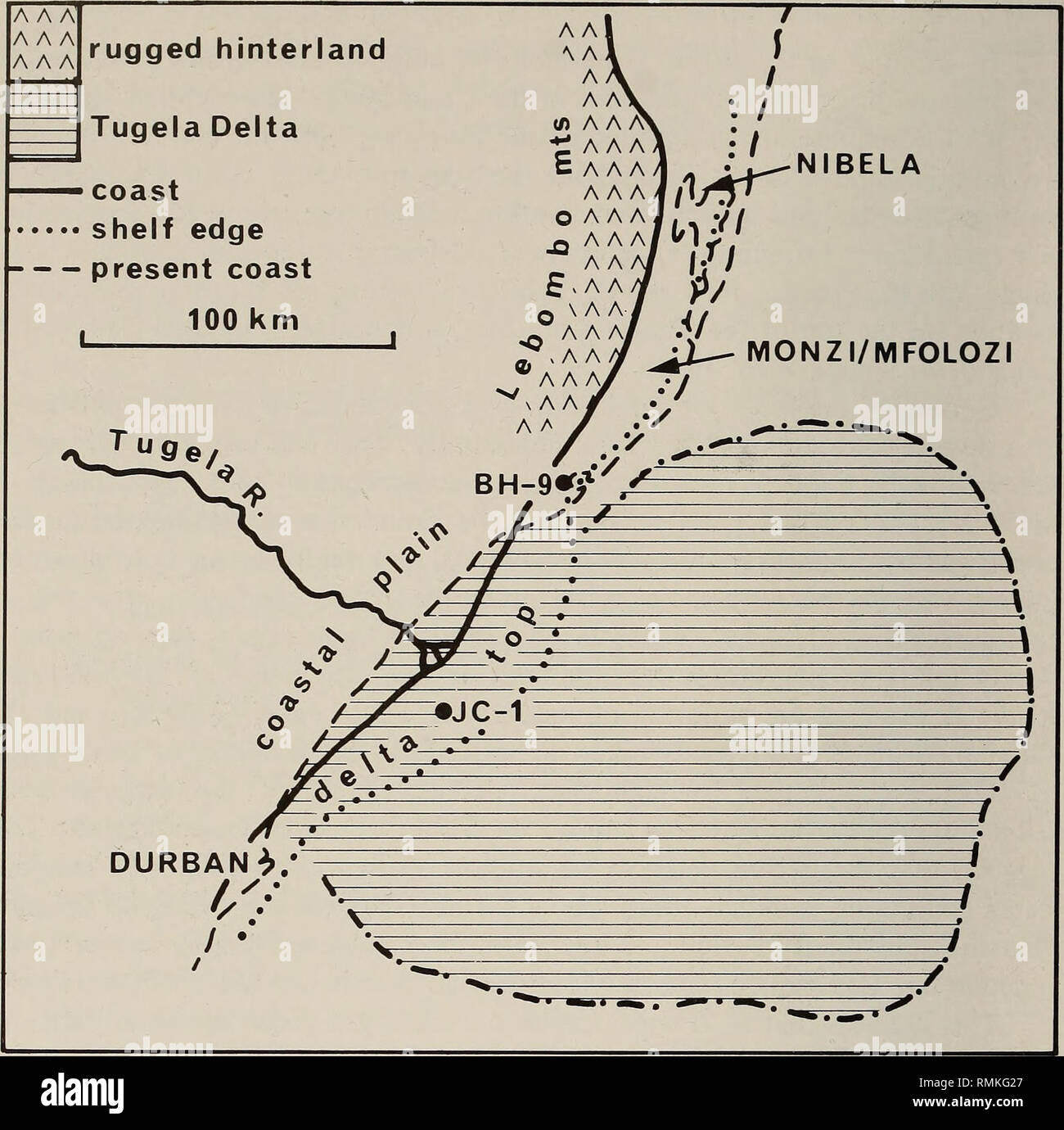 . Annals of the South African Museum = Annale van die Suid-Afrikaanse Museum. Natural history. 150 ANNALS OF THE SOUTH AFRICAN MUSEUM. Fig. 72. Campanian II palaeogeography of the Tugela-Zululand area of south east Africa. in the BH-9 area to ?200 m around Nibela (compared with 50 m today). BH-9 lay about 30 km north of the northern edge of the Tugela delta, which extended as a deep-water cone at least 150 km into the Natal Valley. Immediately south of BH-9, the continental shelf bulged southwards over the delta top, where the site of JC-1 lay in a mid-outer shelf location. We do not have a zo Stock Photo