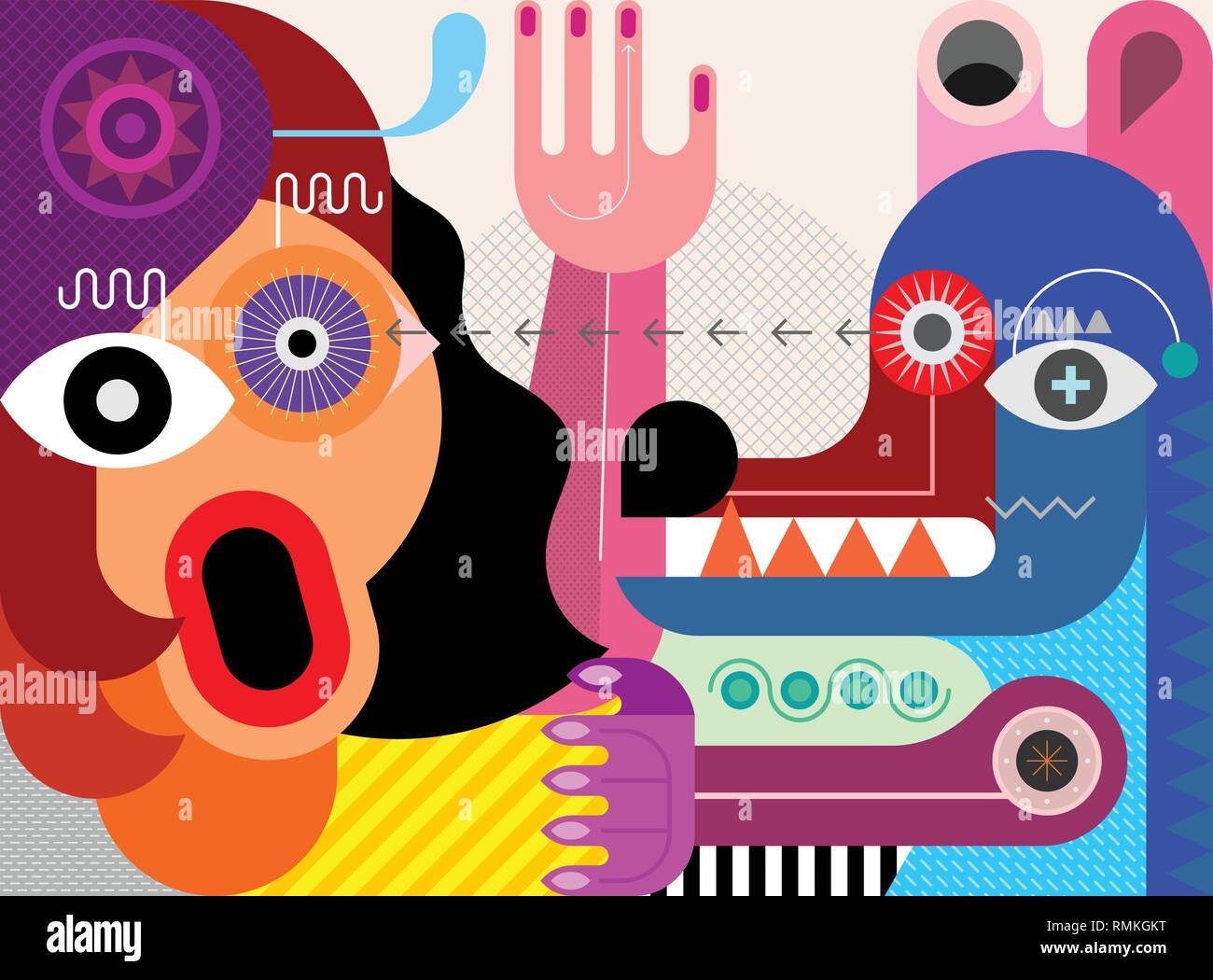 A woman is afraid of a big angry dog. Contemporary art vector illustration. The dog attacked the woman. The woman is screaming. Stock Vector
