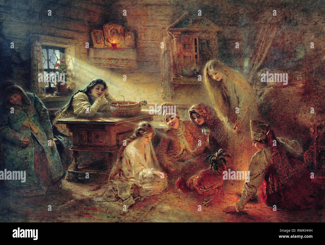 Russian: Christmas divination  In the interior of the village hut six girls are guessing: five of them gathered around a rooster pecking grain near the girl sitting on the left, which should foreshadow her soon marriage. To the left of the window, the girl sits at the table, on the table is water and candles. Nearby on the bench is a sleeping elderly woman. Konstantin Makovsky, circa 1905 Stock Photo