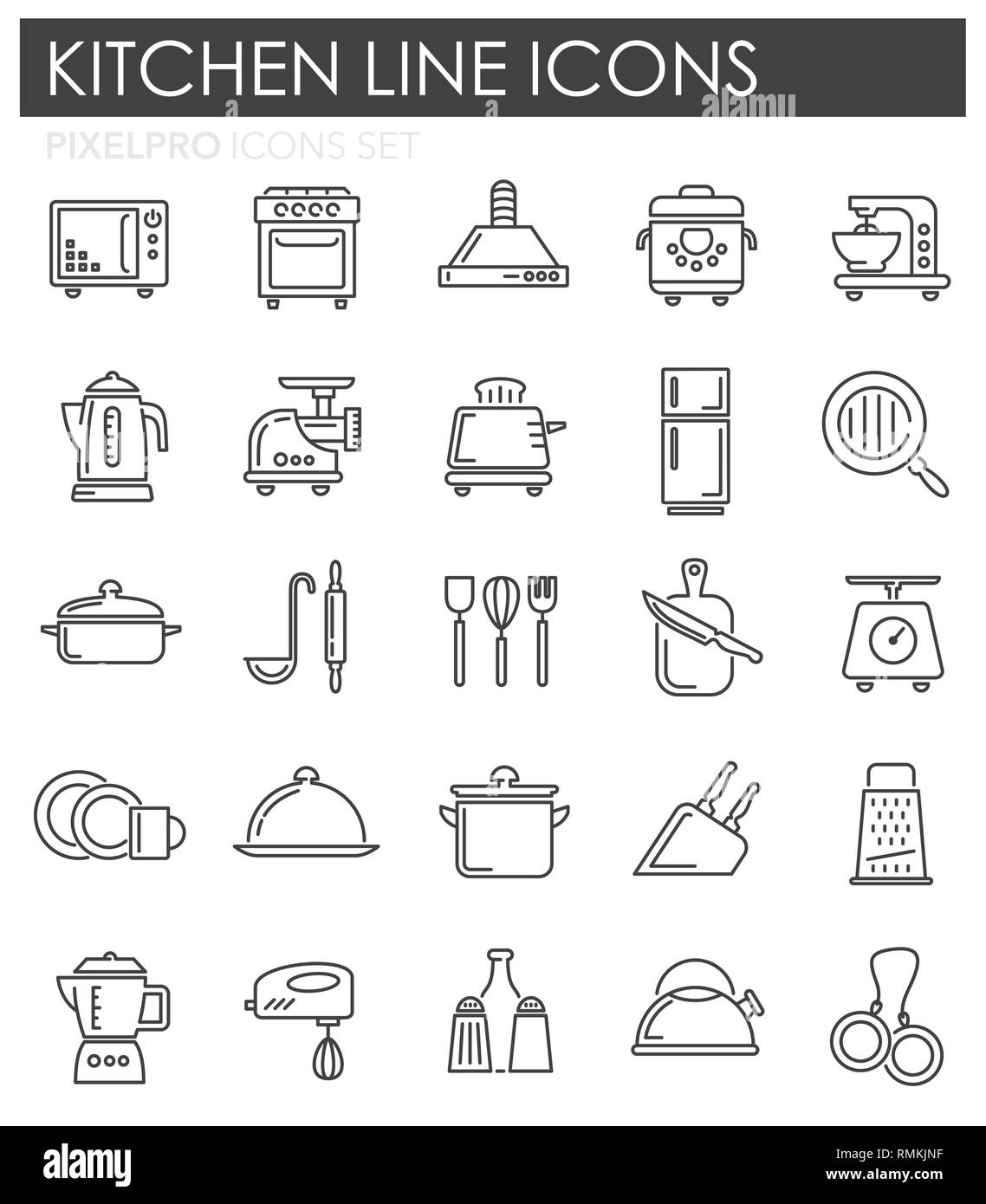 Kitchen appliances line icons set on white background for graphic and ...