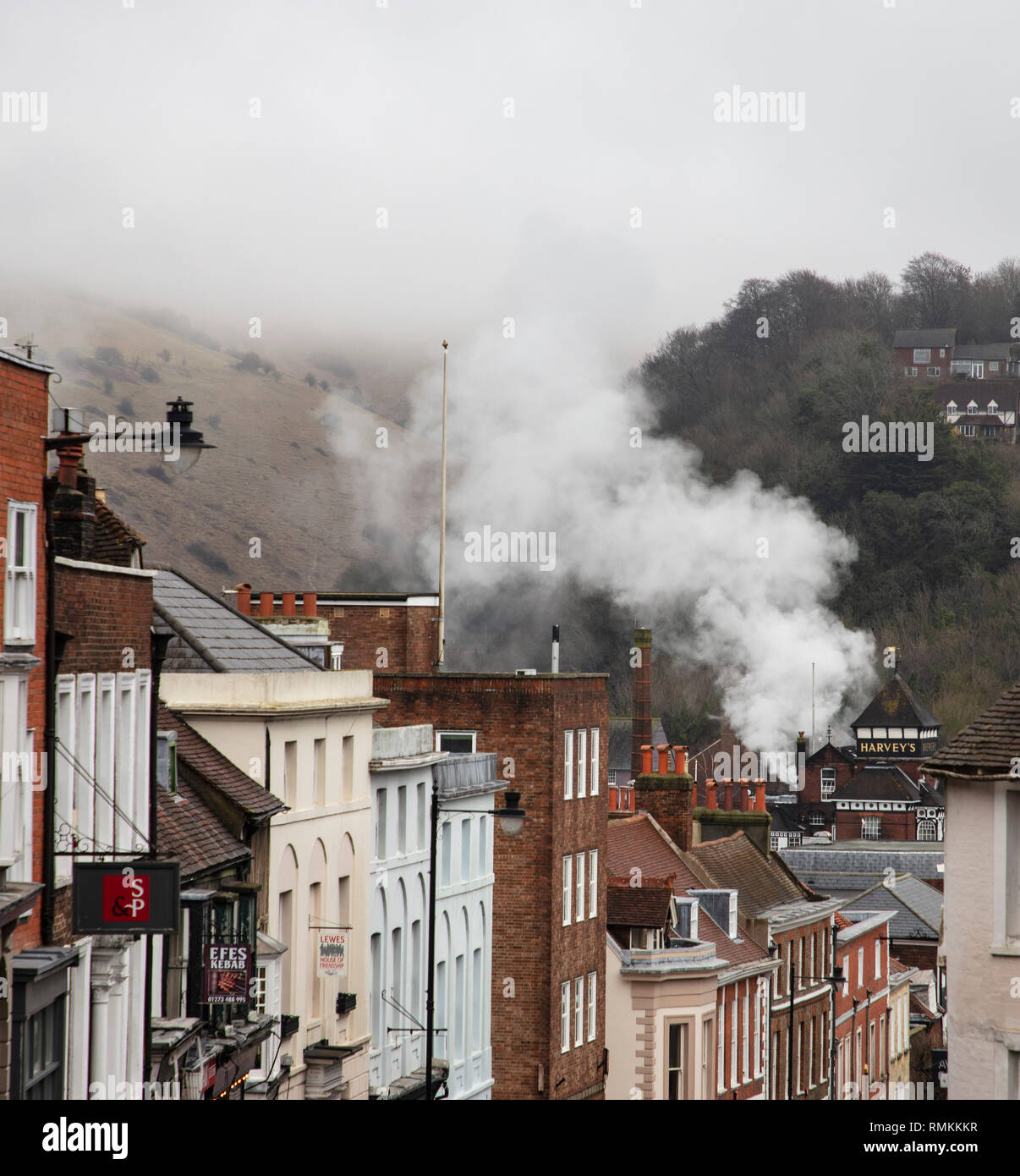 Harvey's Brewery from the High Street in Lewes with steam coming out on a busy day Stock Photo