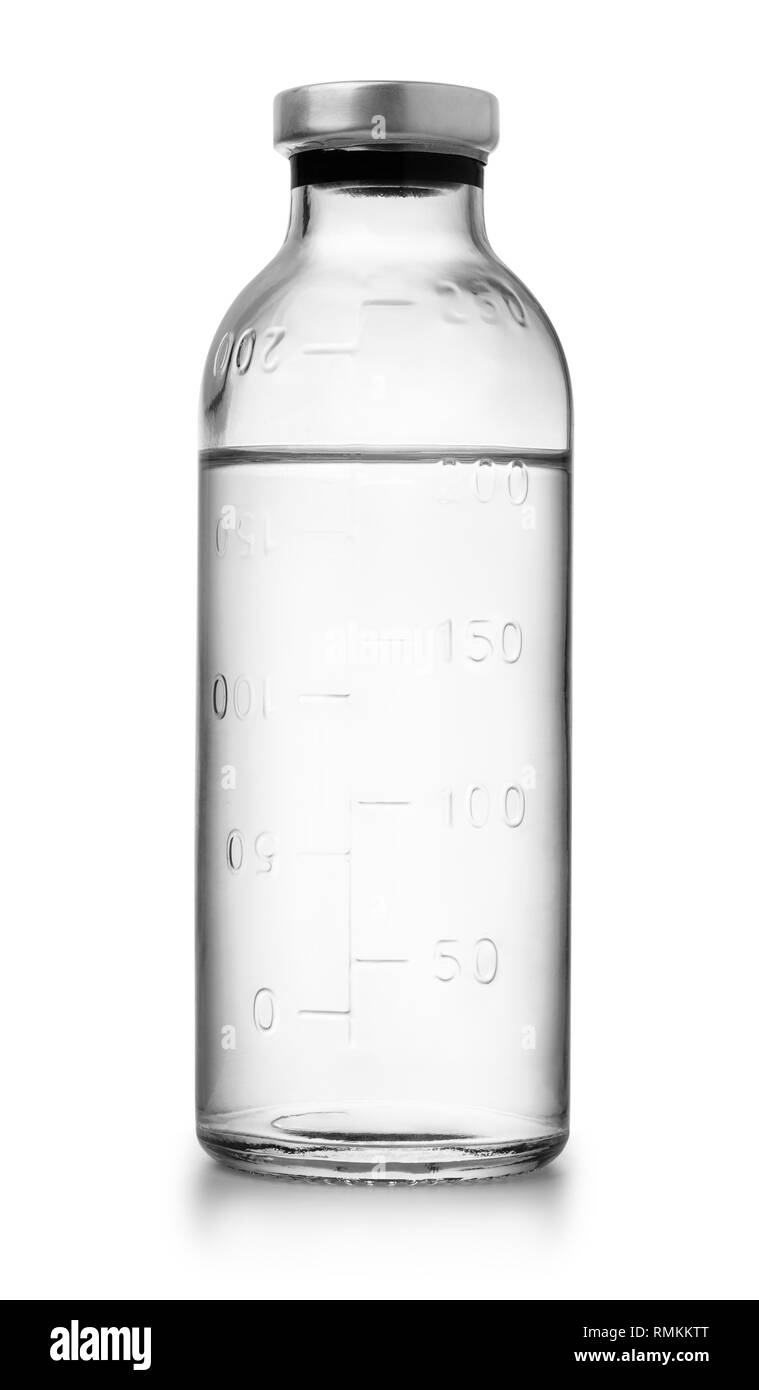 Glass bottle of medical saline solution isolated on white Stock Photo