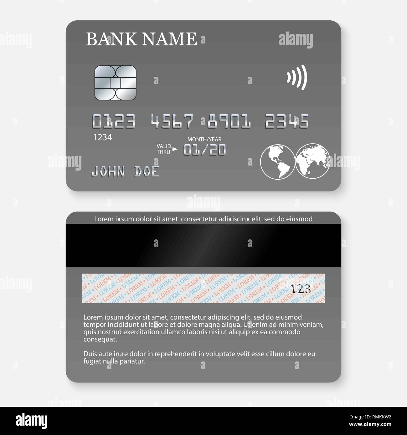 Realistic detailed credit card. Front and back side template. Stock Vector