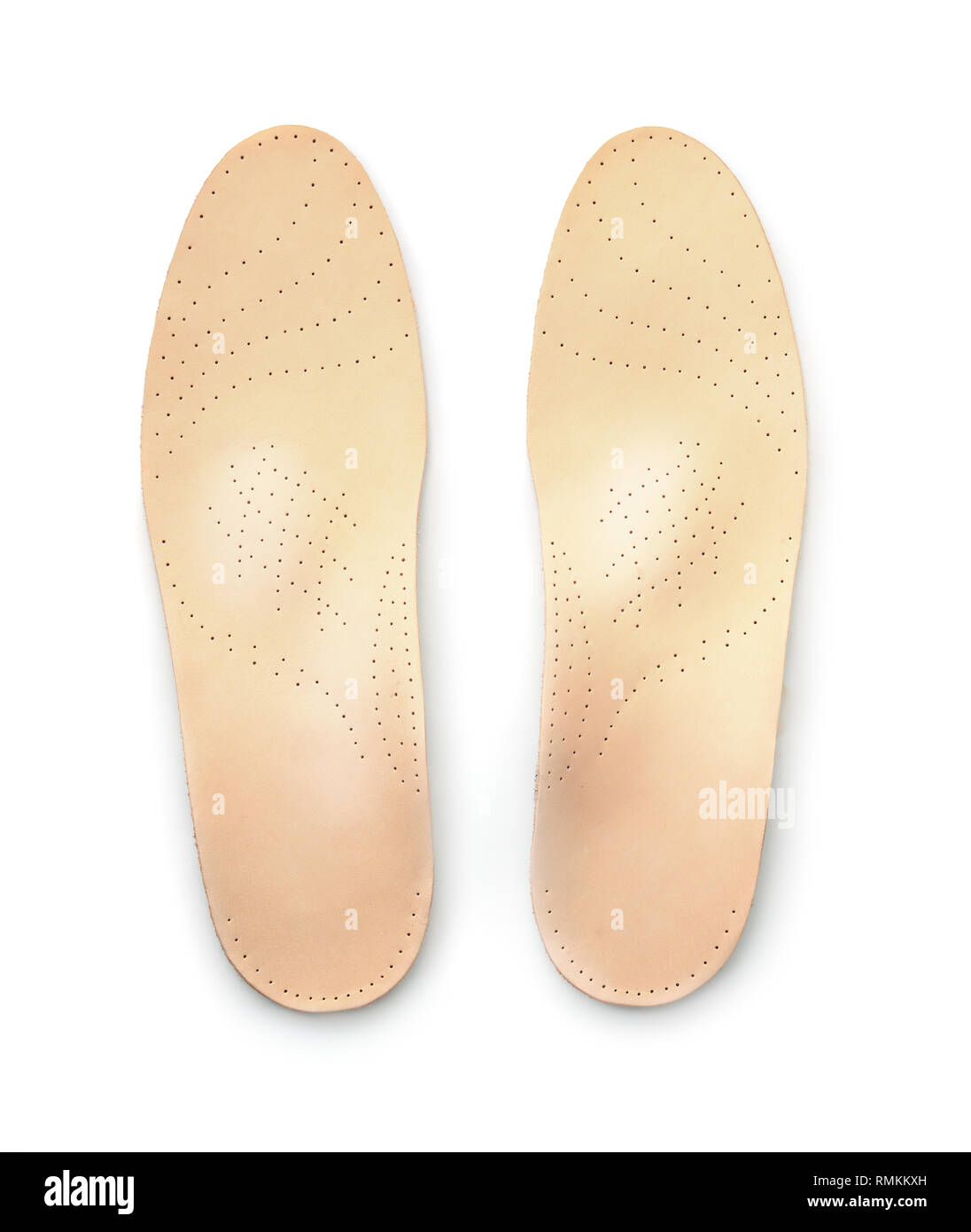 Top view of leather orthopedic insoles isolated on white Stock Photo