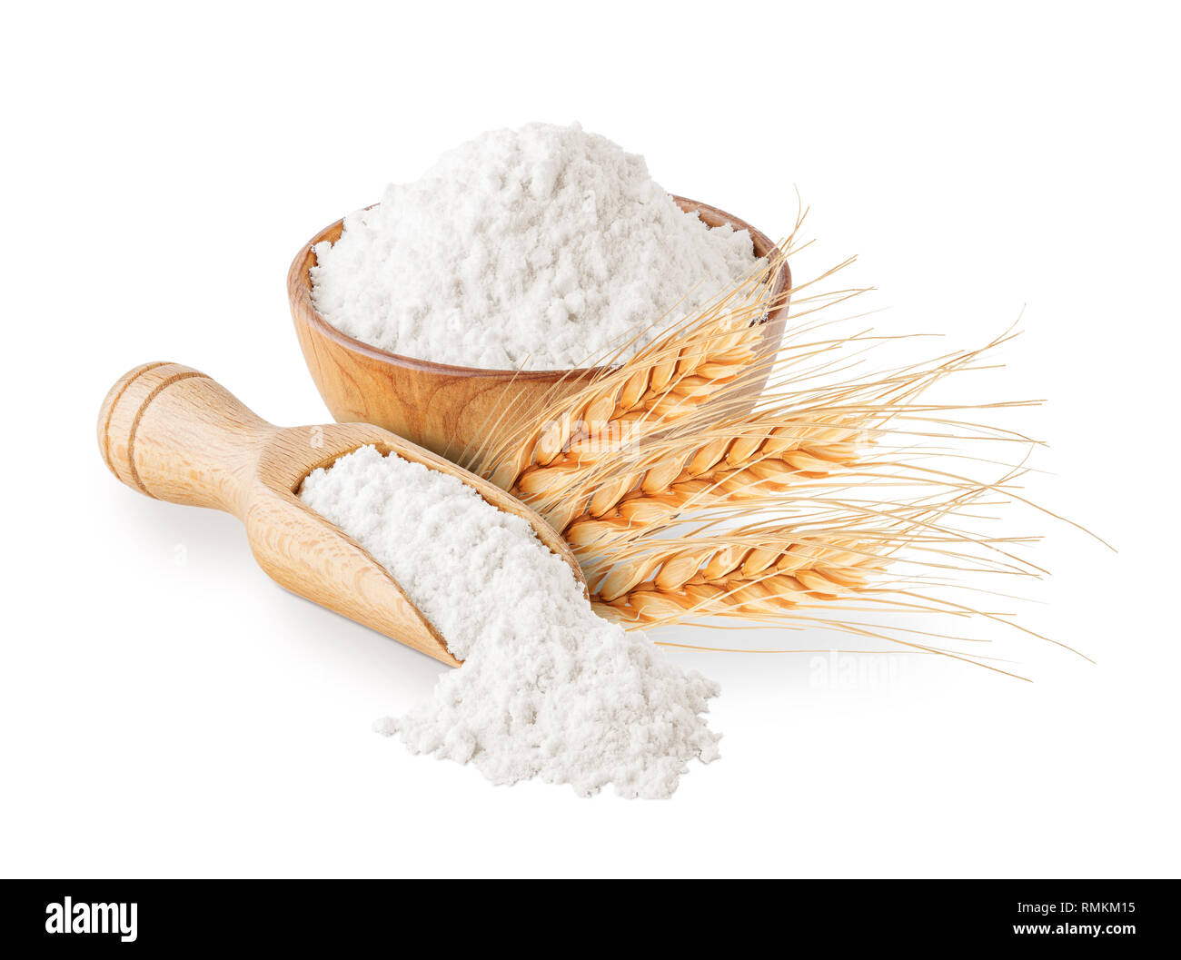 Whole grain wheat flour and ears isolated on white Stock Photo