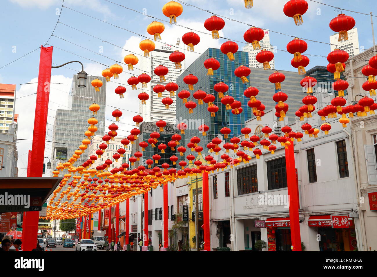 Sago Street is decorated with Chinese lanterns in anticipation of Chinese New Year, Singapore Stock Photo