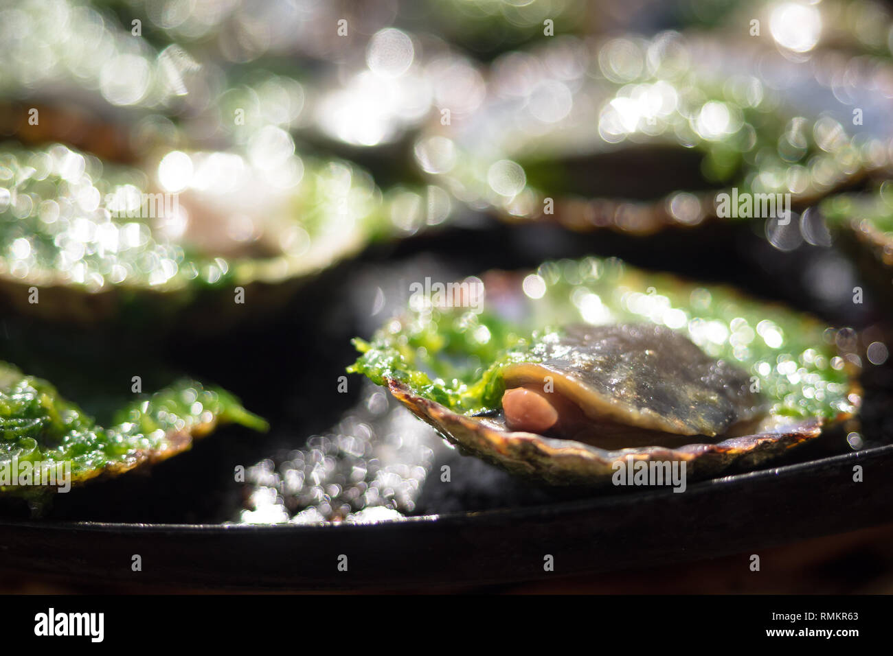 grilled limpets with green mojo, typical avocado in Lanzarote, Canary Island Stock Photo