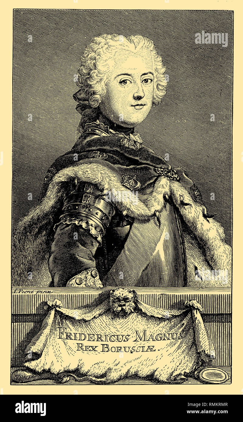 Youth portrait of Frederick the Great from 1746, in a parade burlap with an ermine coat, already called 'the Great'. Painted by the Pr. Court painter Antoine Pesne, engraved by the royal engraver J.G. Schmidt, Antoine Pesne  1899 Stock Photo