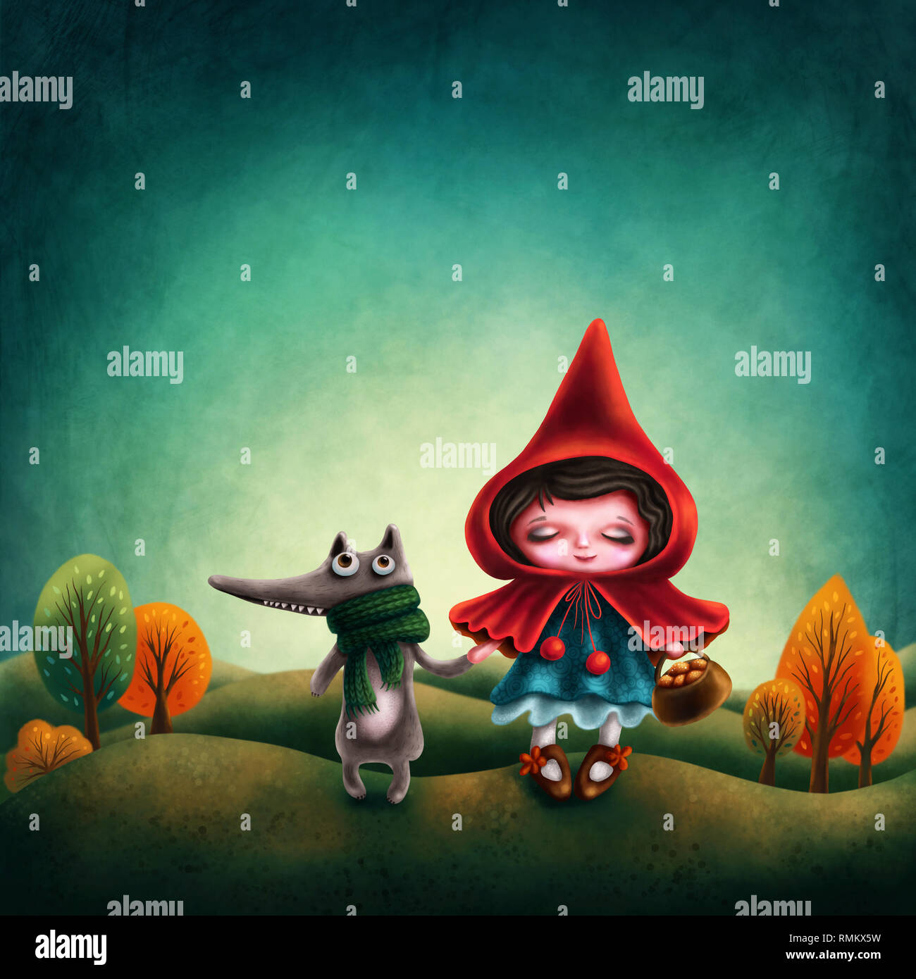 Illustraion of a Red Riding Hood and a Wolf Stock Photo