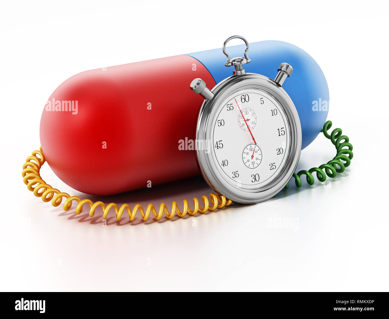 Chronometer attached to red and blue capsule pill. 3D illustration. Stock Photo