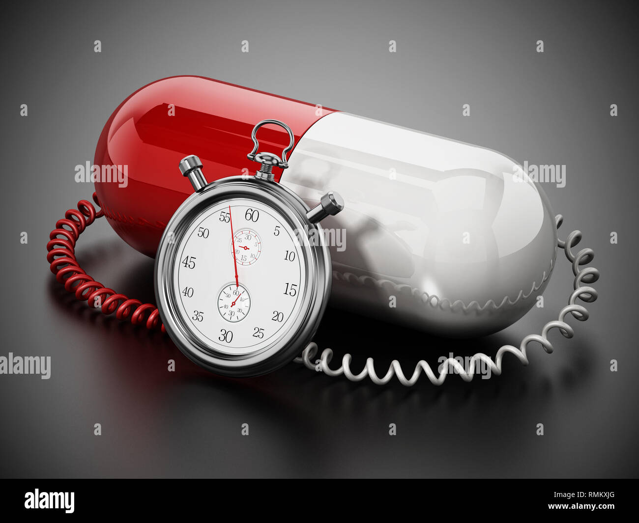 Chronometer attached to red and white capsule pill. 3D illustration. Stock Photo