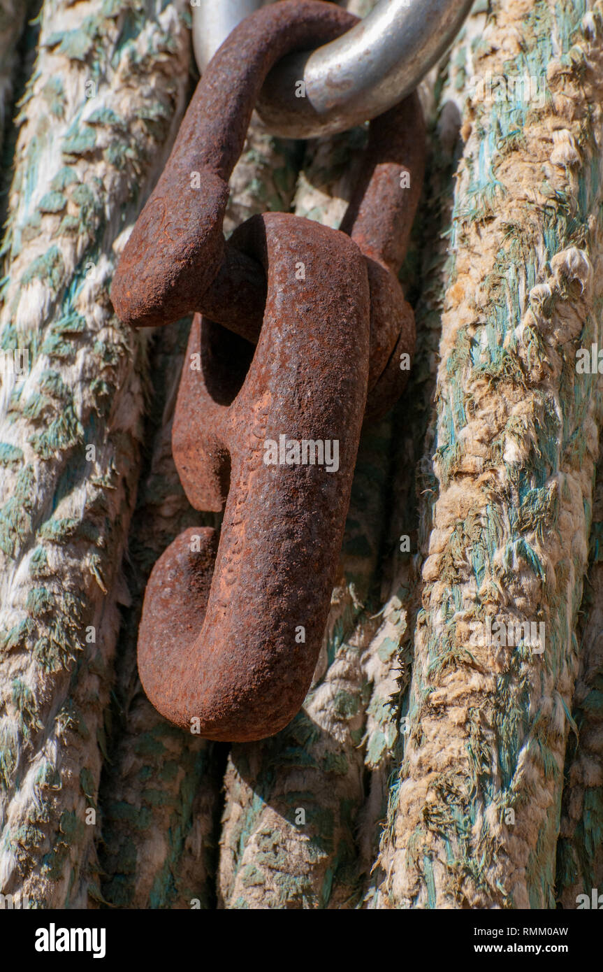 Rusty chain, cable and shackle Stock Photo