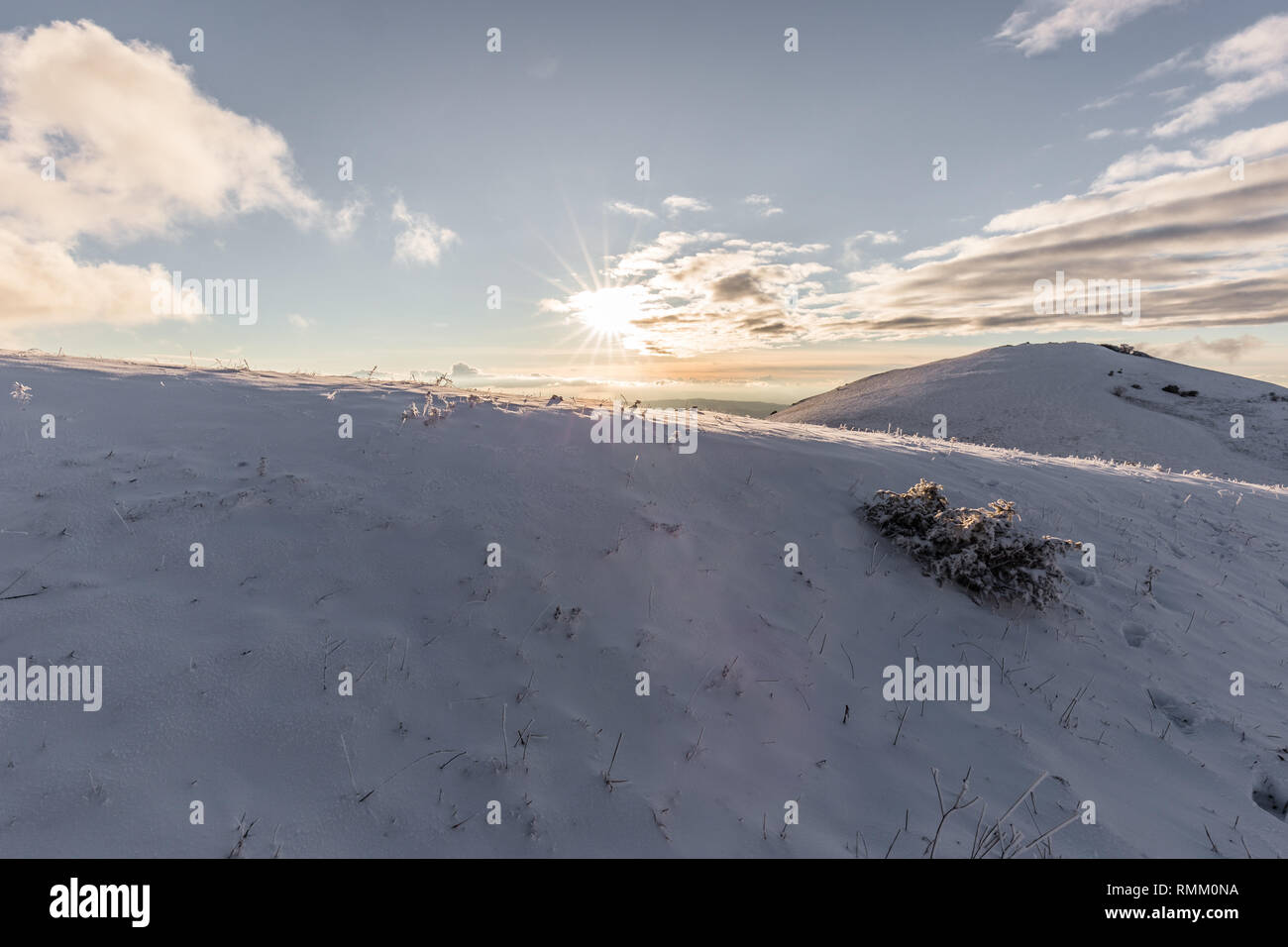 Subasio mountain (Umbria, Italy) in winter, covered by snow, with plants and sun Stock Photo