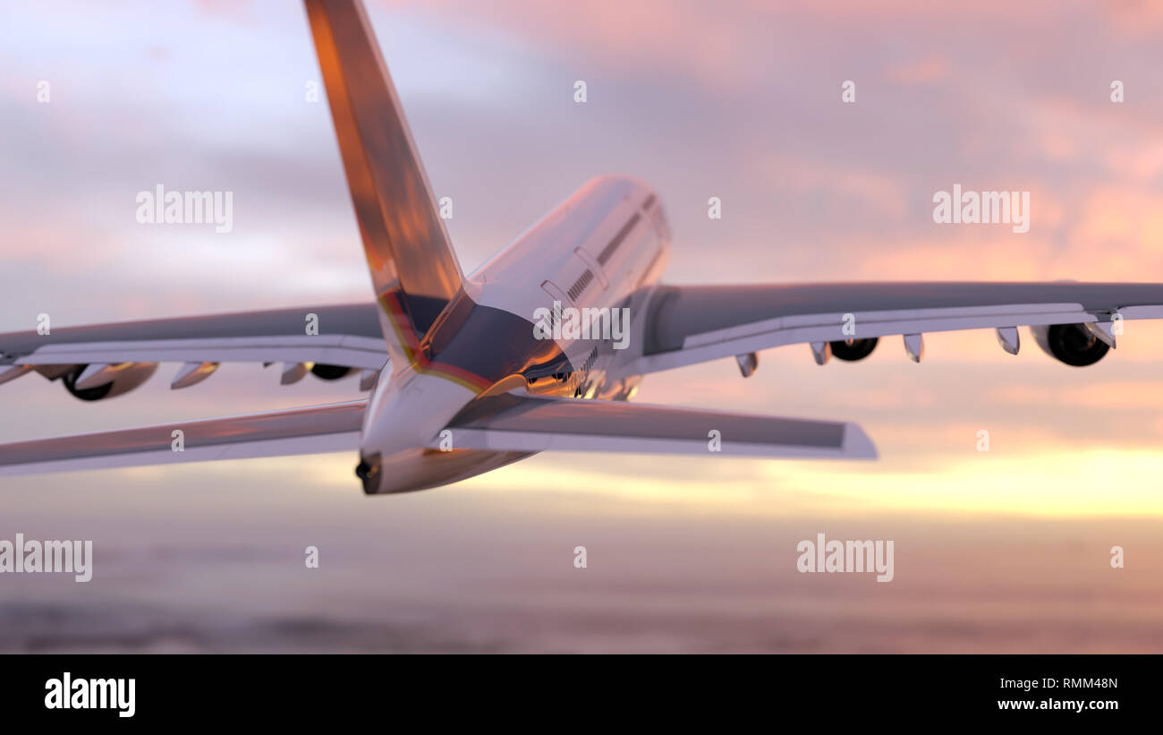 air plane flies into the dawn sky Stock Photo Alamy