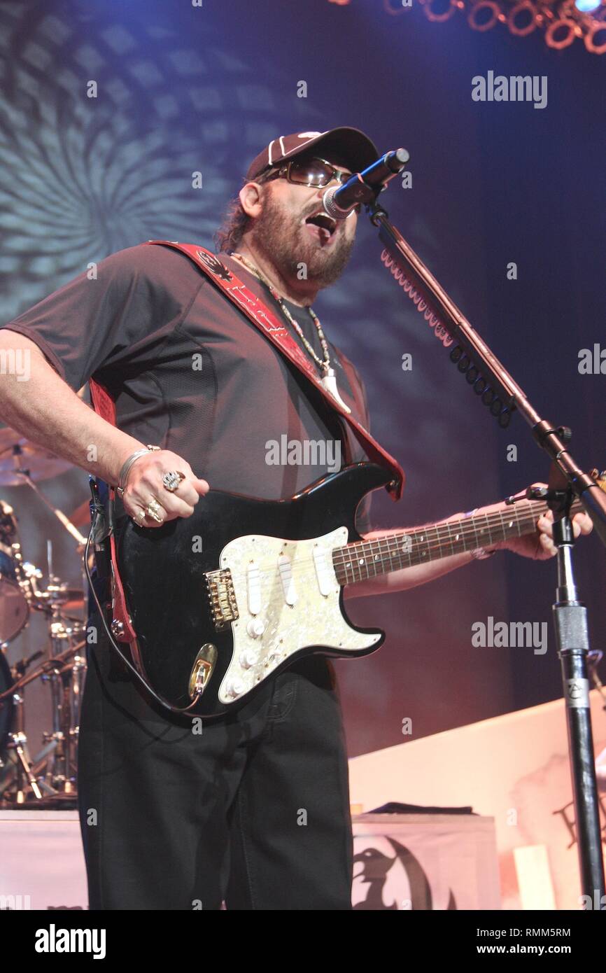 Singer, songwriter and guitarist Hank Williams Jr. is shown on stage during a 'live' concert performance. Stock Photo