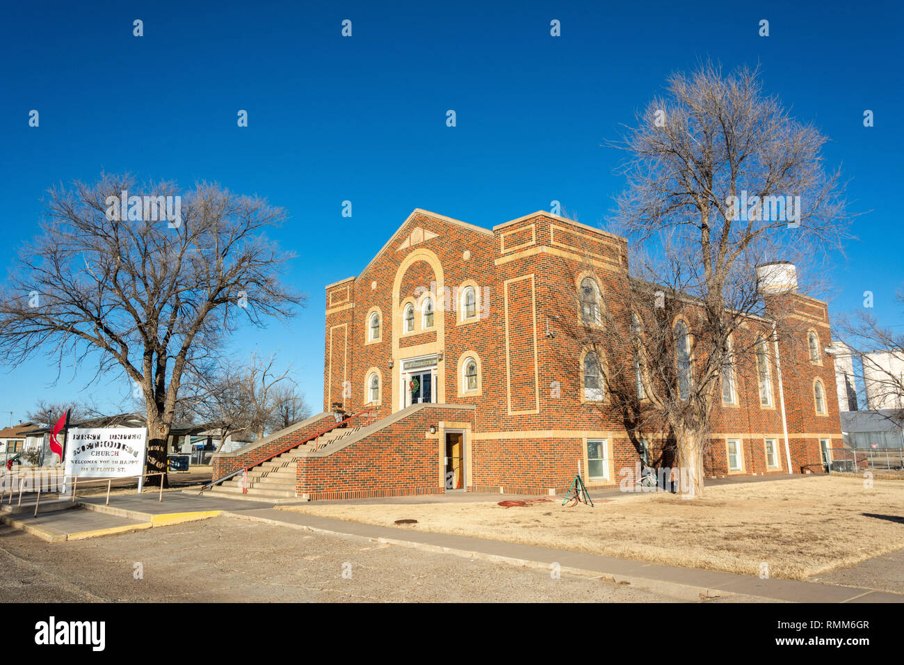 Happy, Texas, United States of America - January 1, 2017. Exterior view of the First United Methodist Church in Happy, TX. Stock Photo