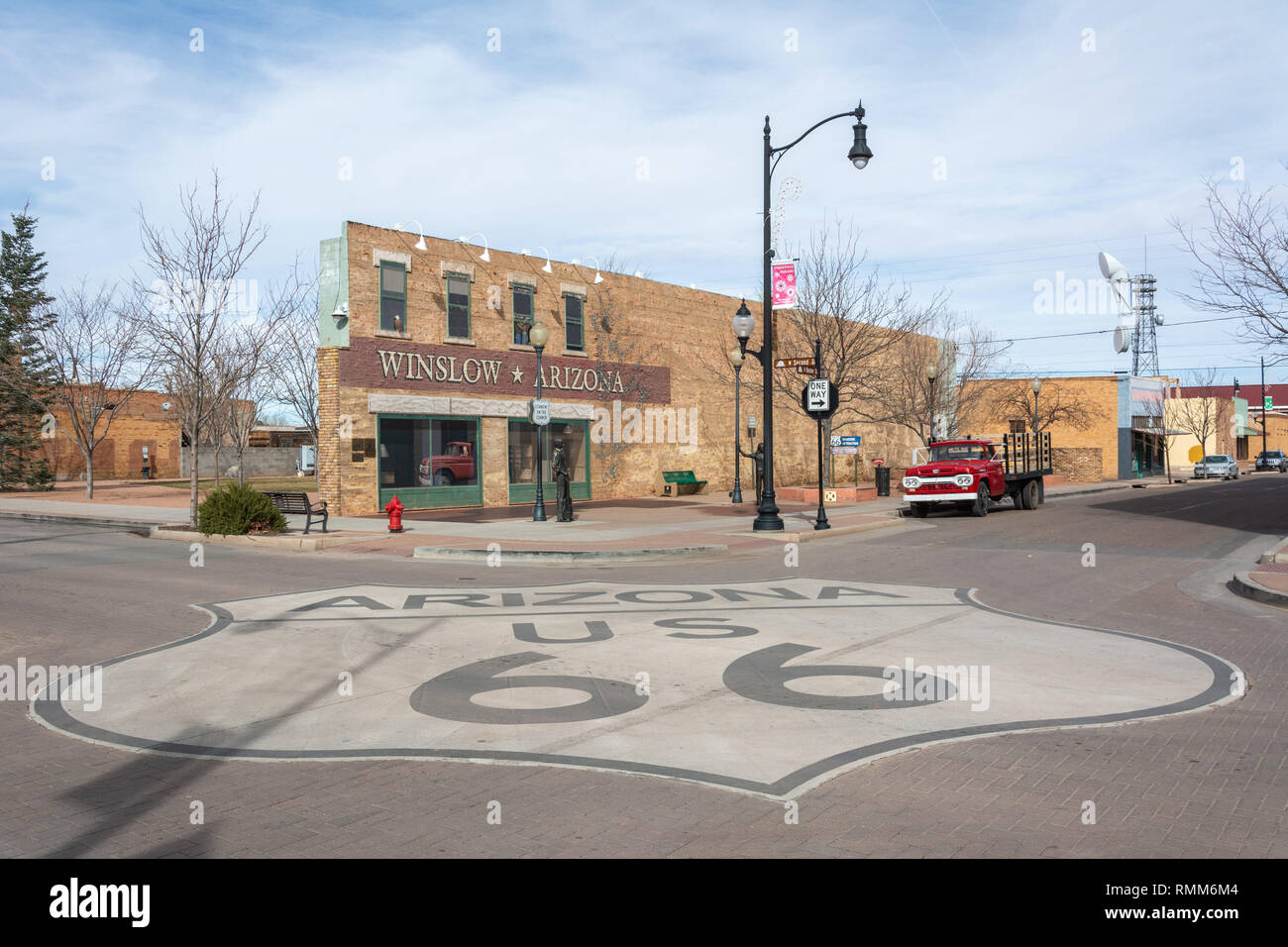 Winslow, Arizona, United States of America - January 4, 2017. Standin' On The Corner Park in Winslow, AZ, with statue, historic building, murals, Rout Stock Photo