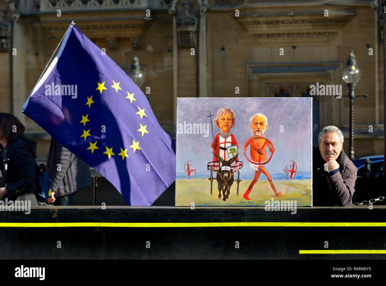 Kaya Mar - Turkish political cartoonist - with his new Brexit painting of PM Theresa May and Jeremy Corbyn. 14th Feb 2019 Stock Photo