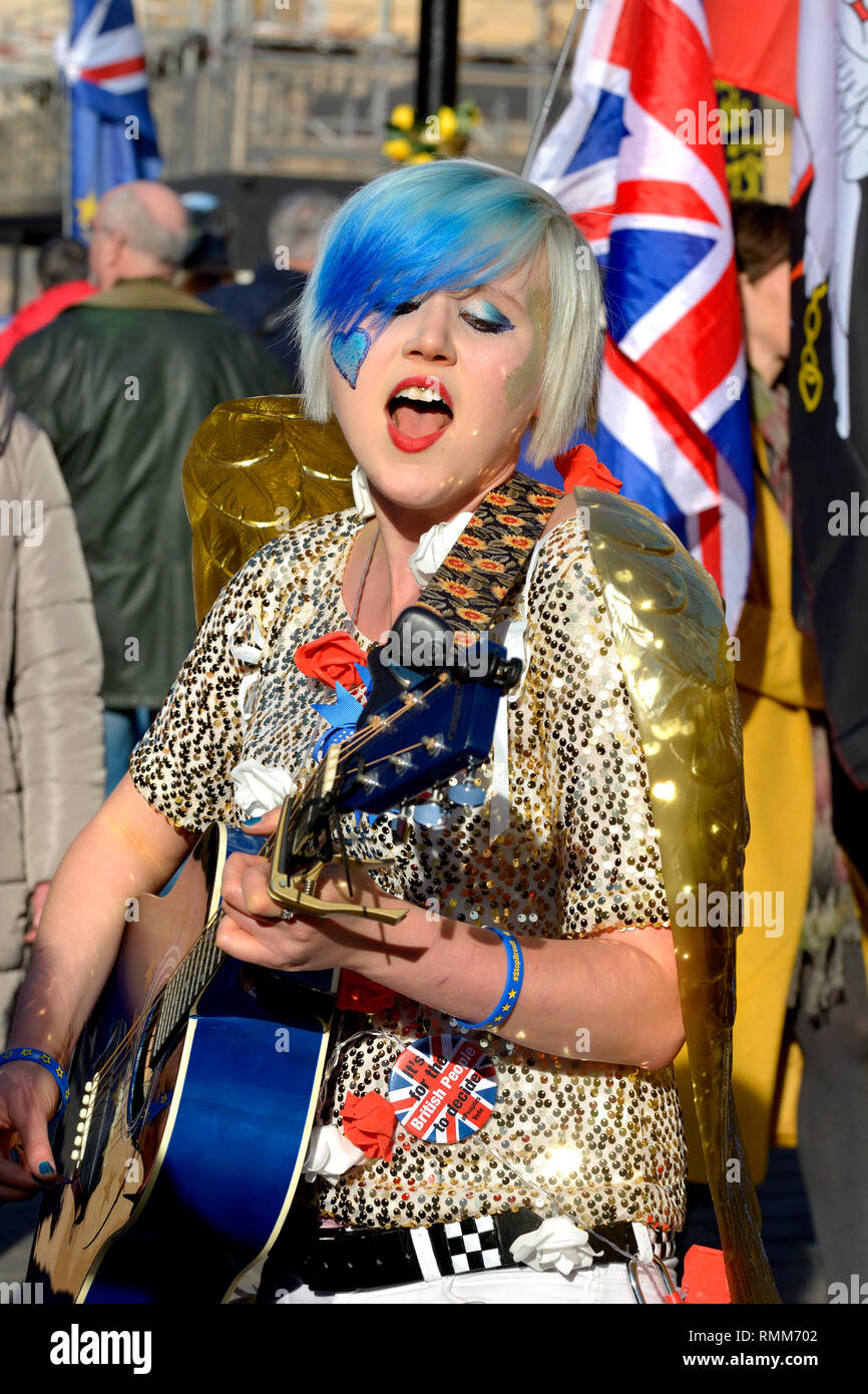 Madeleina Kay - EU Supergirl and Young European of the Year 2018 - singing an anti-Brexit song outside Parliament, 14th Feb 2019 Stock Photo