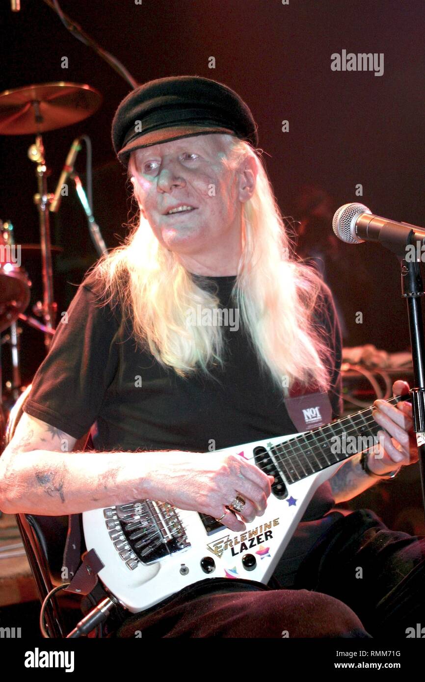 Blues guitarist, singer and producer Johnny Winter III is shown performing on stage during a 'live' concert appearance. Stock Photo