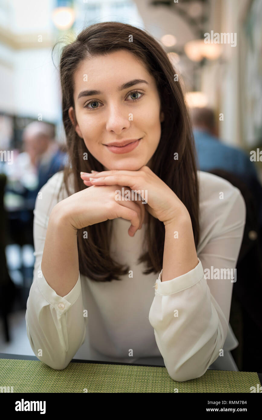 Woman chin looking up happy hi-res stock photography and images - Alamy