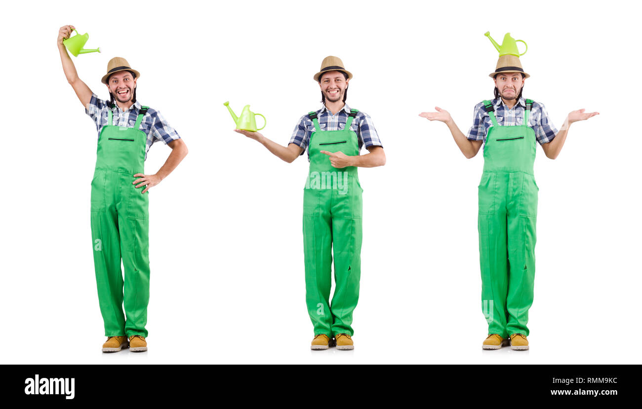 Young cheerful gardener with watering can isolated on white Stock Photo ...