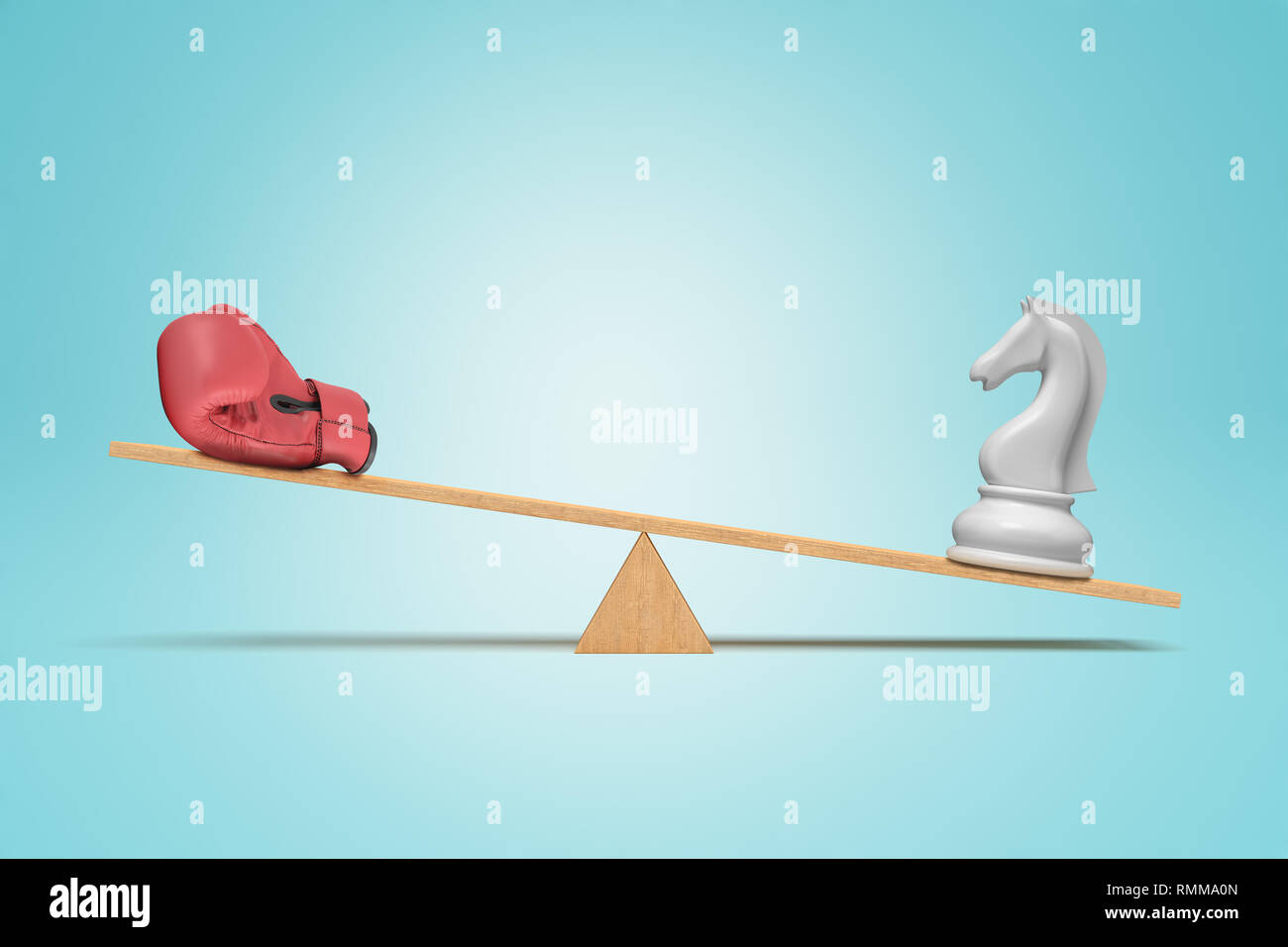 3d rendering of a seesaw with a chess knight outweighing a boxing glove. Stock Photo