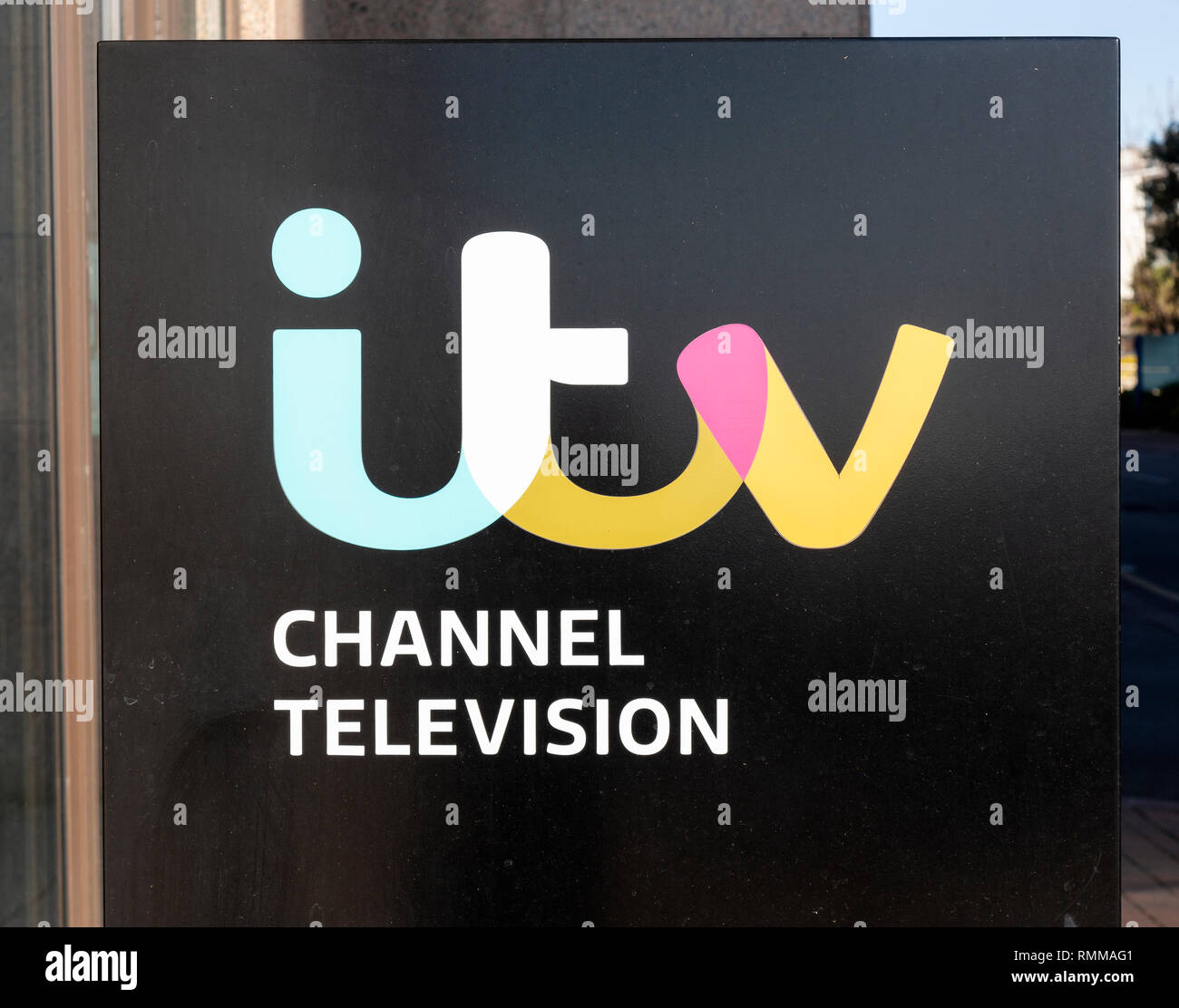 Sign outside the ITV television studios in Jersey on the Channel islands. Stock Photo