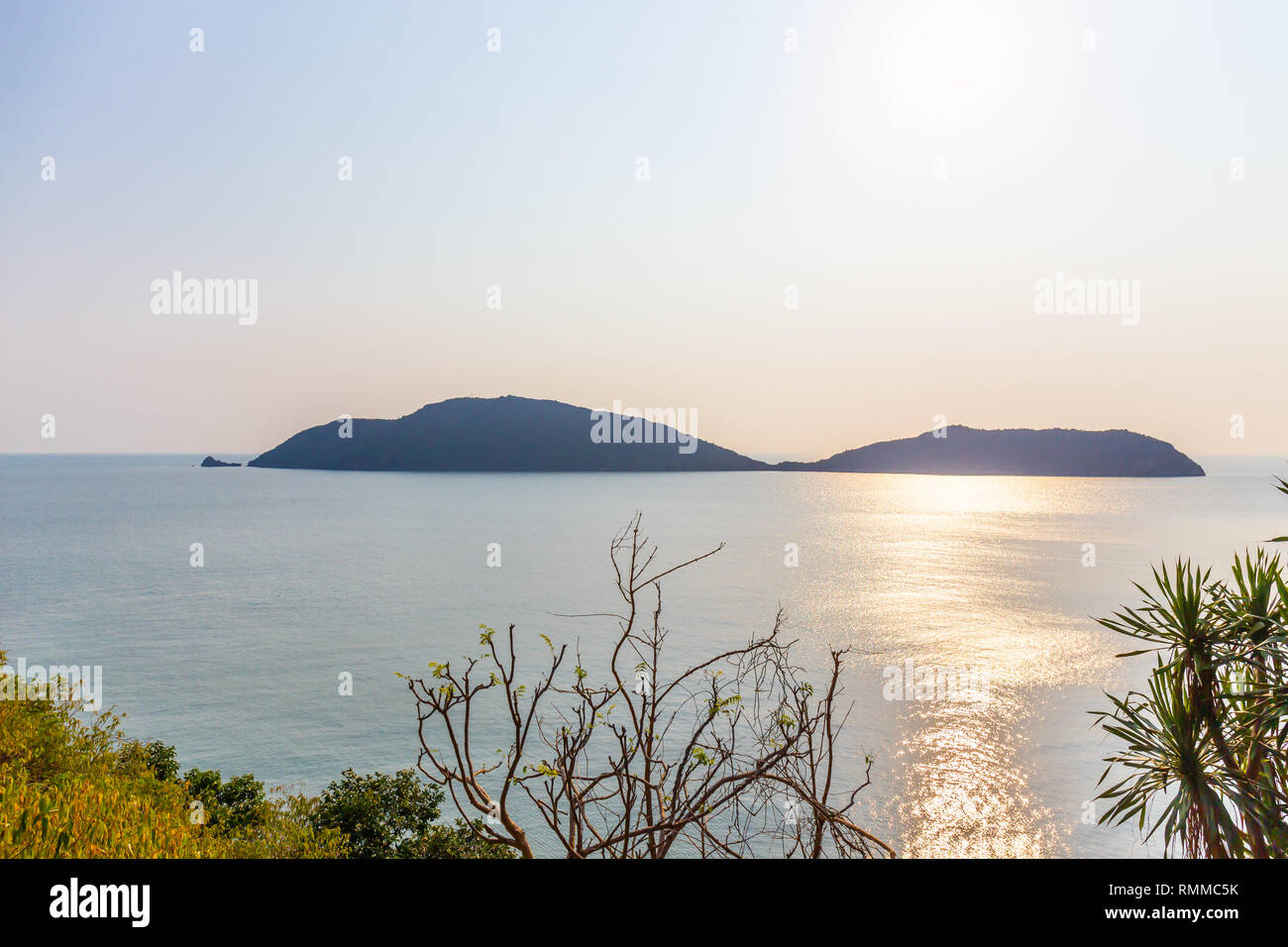 Panorama landscape of tropical island beach with mountain and blue sky background at Prachuap Khiri Khan Thailand. View point Stock Photo