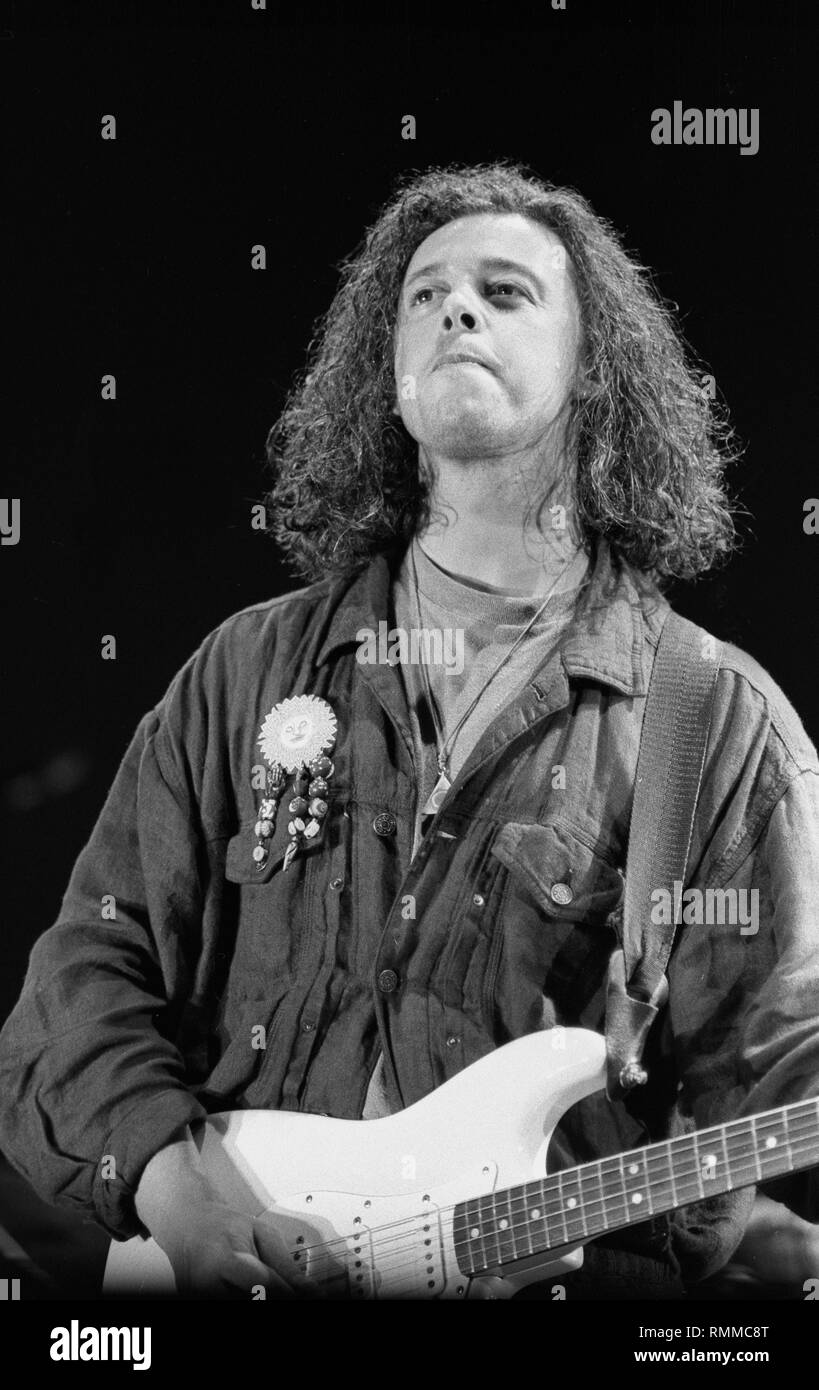 Singer, songwriter and guitarist Roland Orzabal is shown performing on stage during a 'live' concert appearance with Tears For Fears. Stock Photo