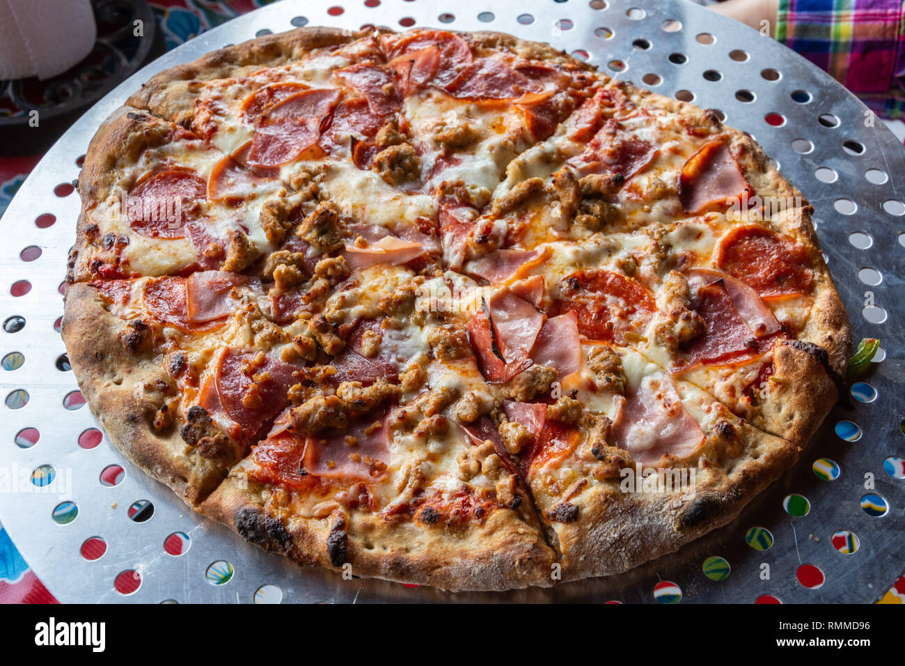 Pizza pepperoni on a tray Stock Photo