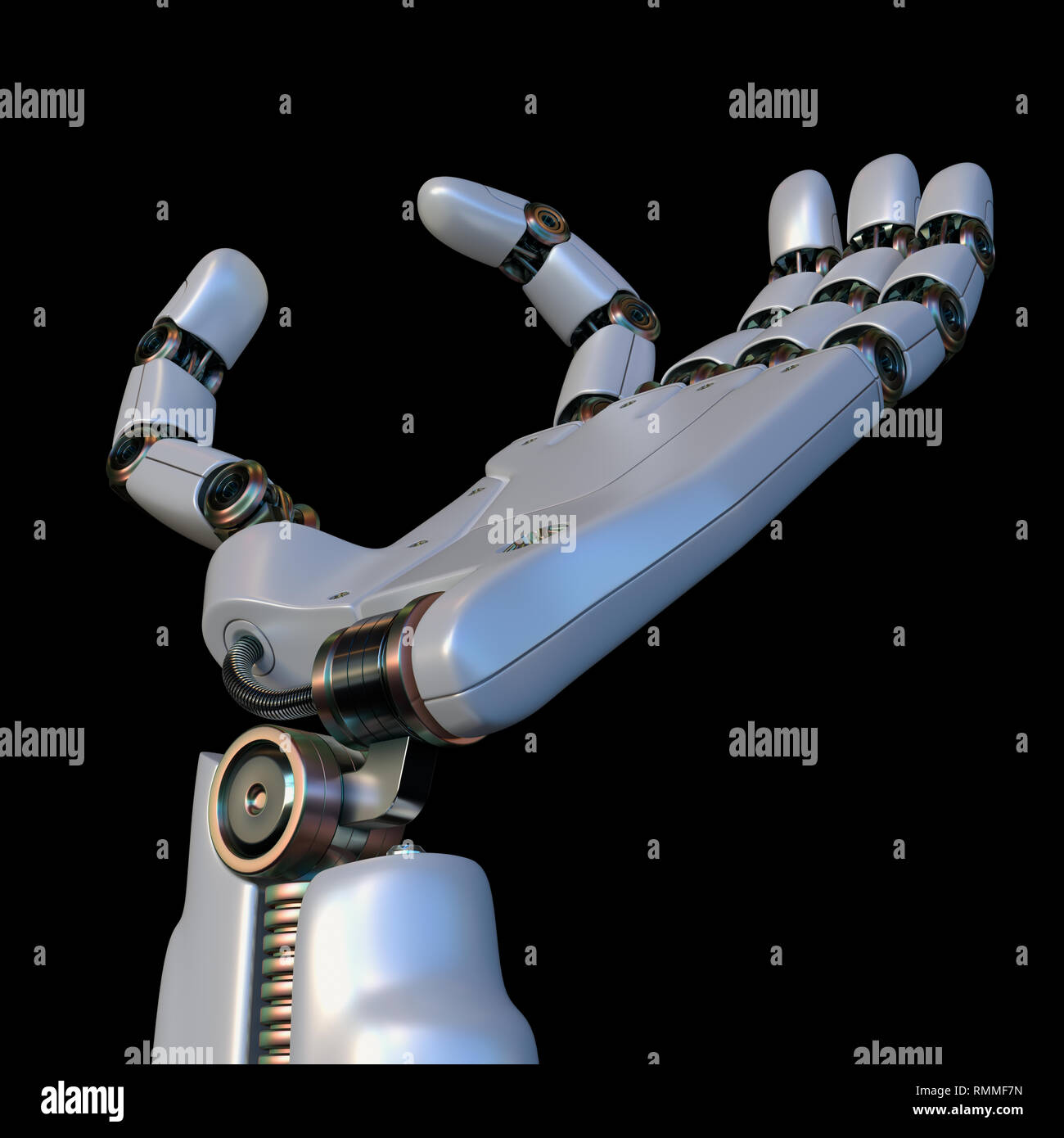 Robotic hand on black background. Your text or image between the robot's fingers. Stock Photo
