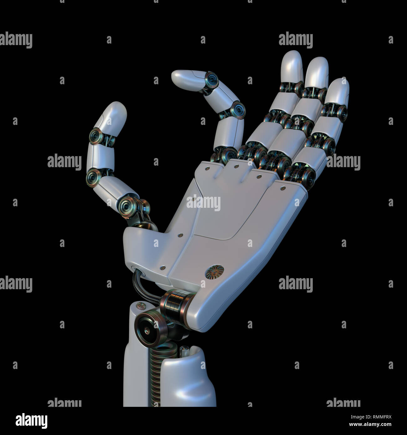 Robotic hand on black background. Your text or image between the robot's fingers. Stock Photo