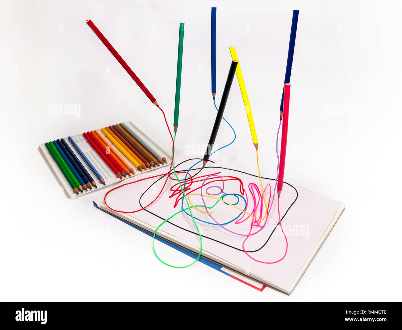 Spiral sketch pad and color pencils template image. Good copy space. Back  to school, homework, hand drawing artist concept Stock Photo - Alamy