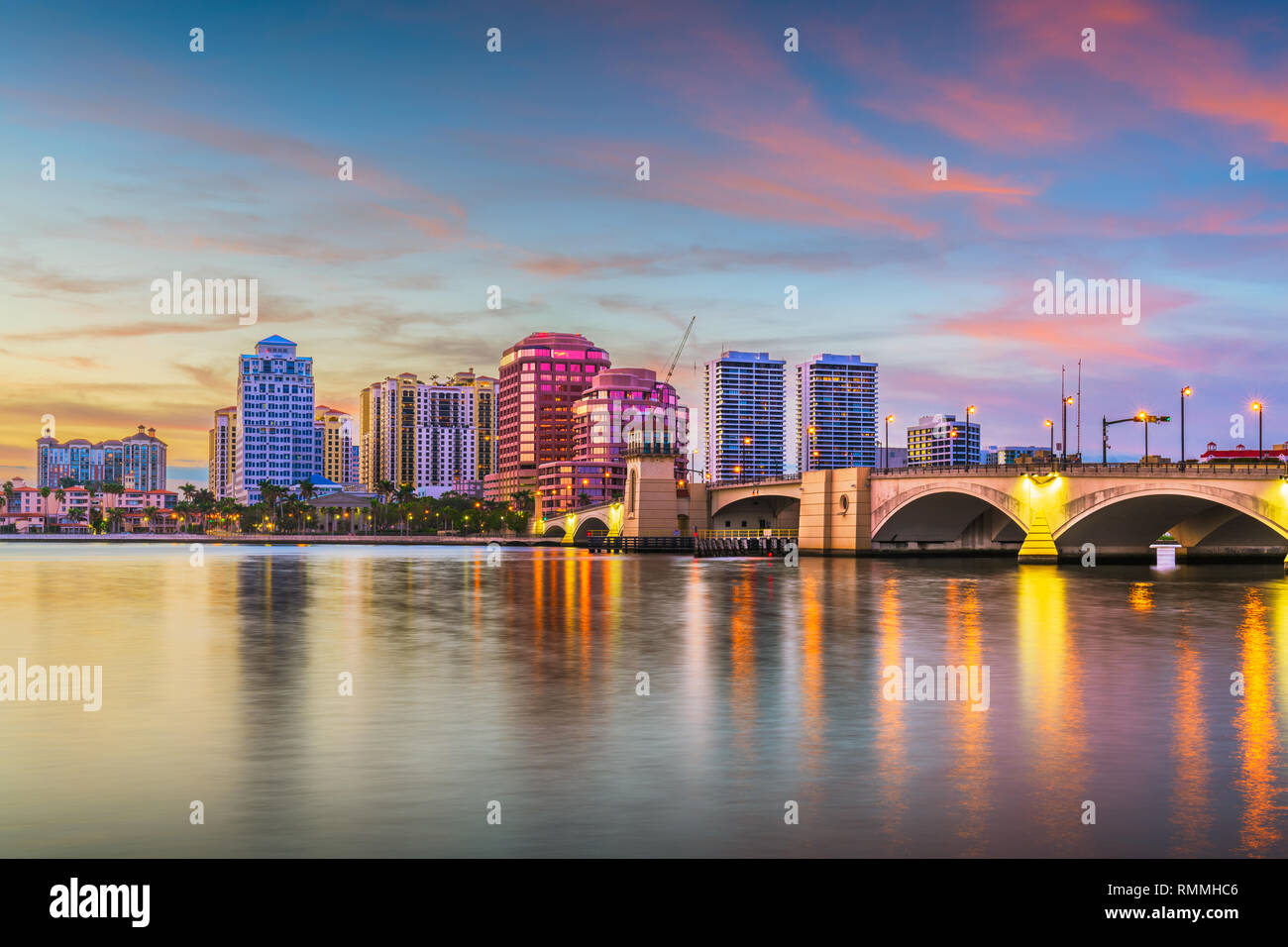 West Palm Beach, Florida, USA downtown skyline on the Intracoastal Waterway at dusk. Stock Photo