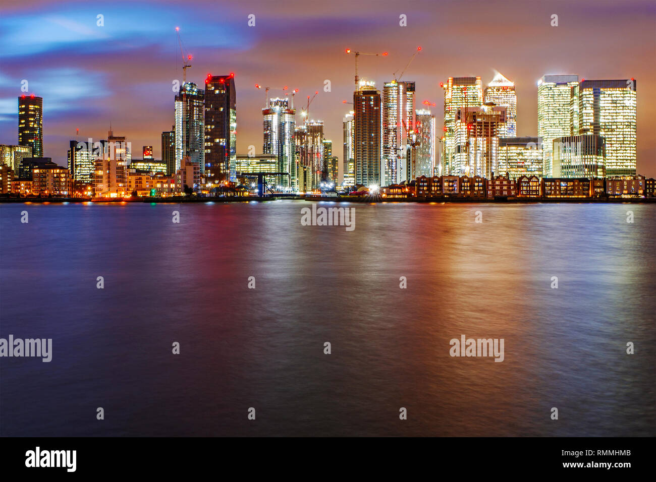 Canary wharf skyline at night, London, United Kingdom Stock Photo