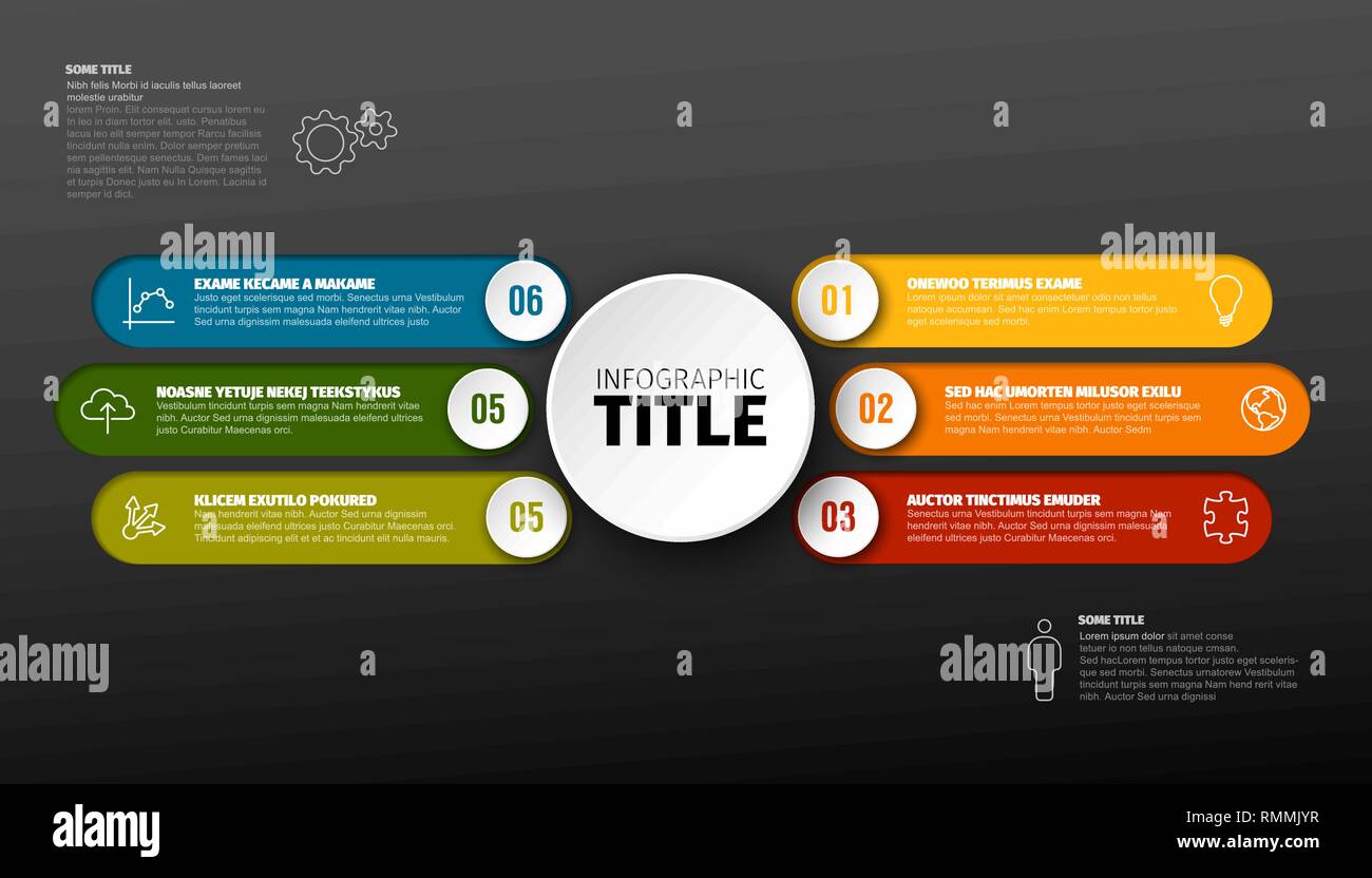 Vector dark multipurpose Infographic template with six elements Stock Vector