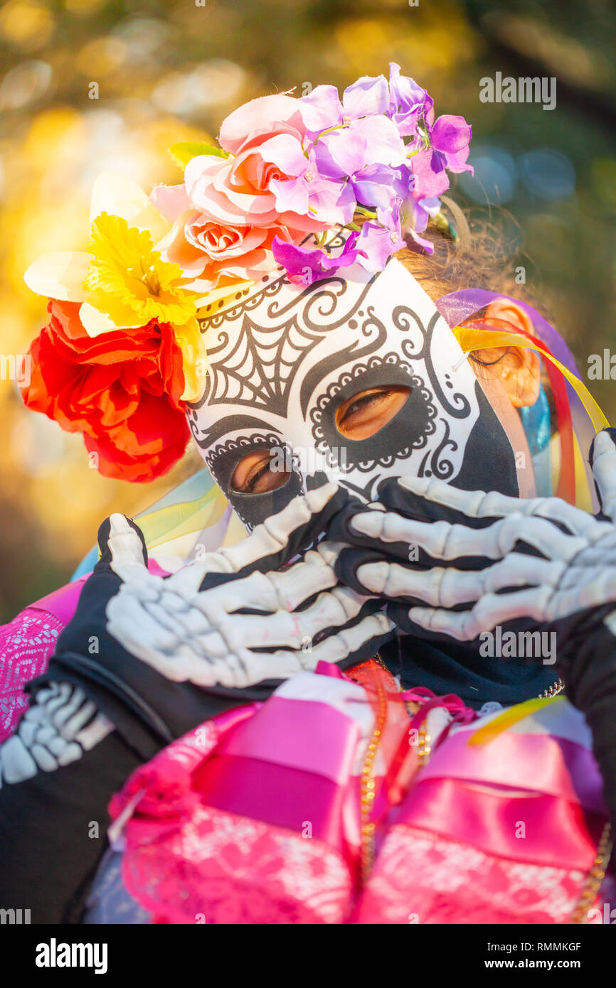 Woman wearing colorful skull mask and paper flowers for Dia de Los Muertos/Day of the Dead Stock Photo