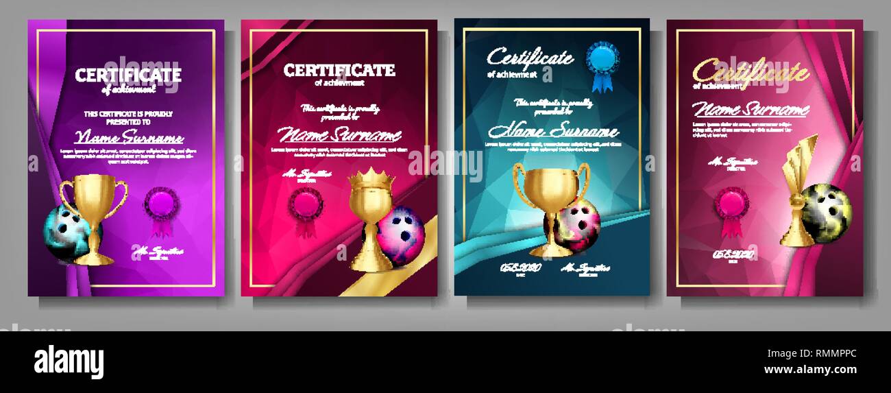 Bowling Game Certificate Diploma With Golden Cup Set Vector. Sport