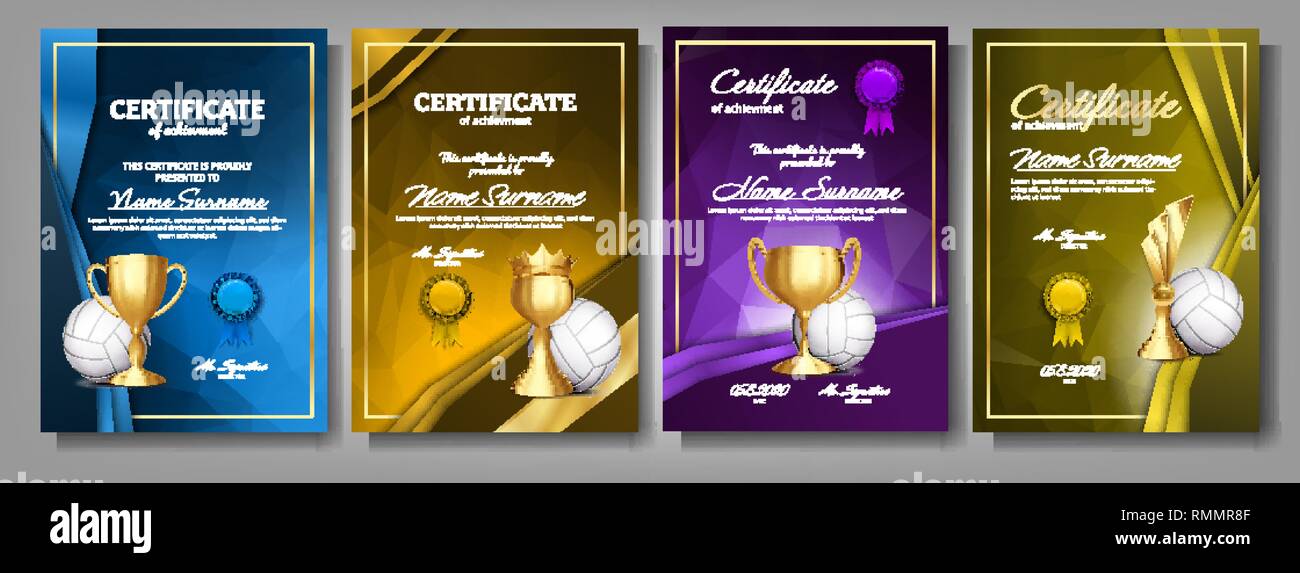 Volleyball Game Certificate Diploma With Golden Cup Set Vector. Sport