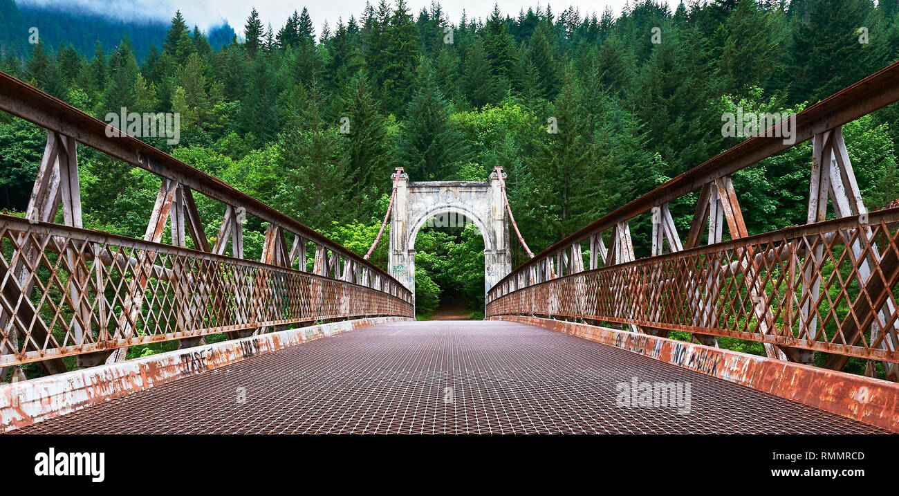 Low angle view of a rusty metal suspension bridge over the Fraser river, surrounded by forest, British Columbia, Canada Stock Photo