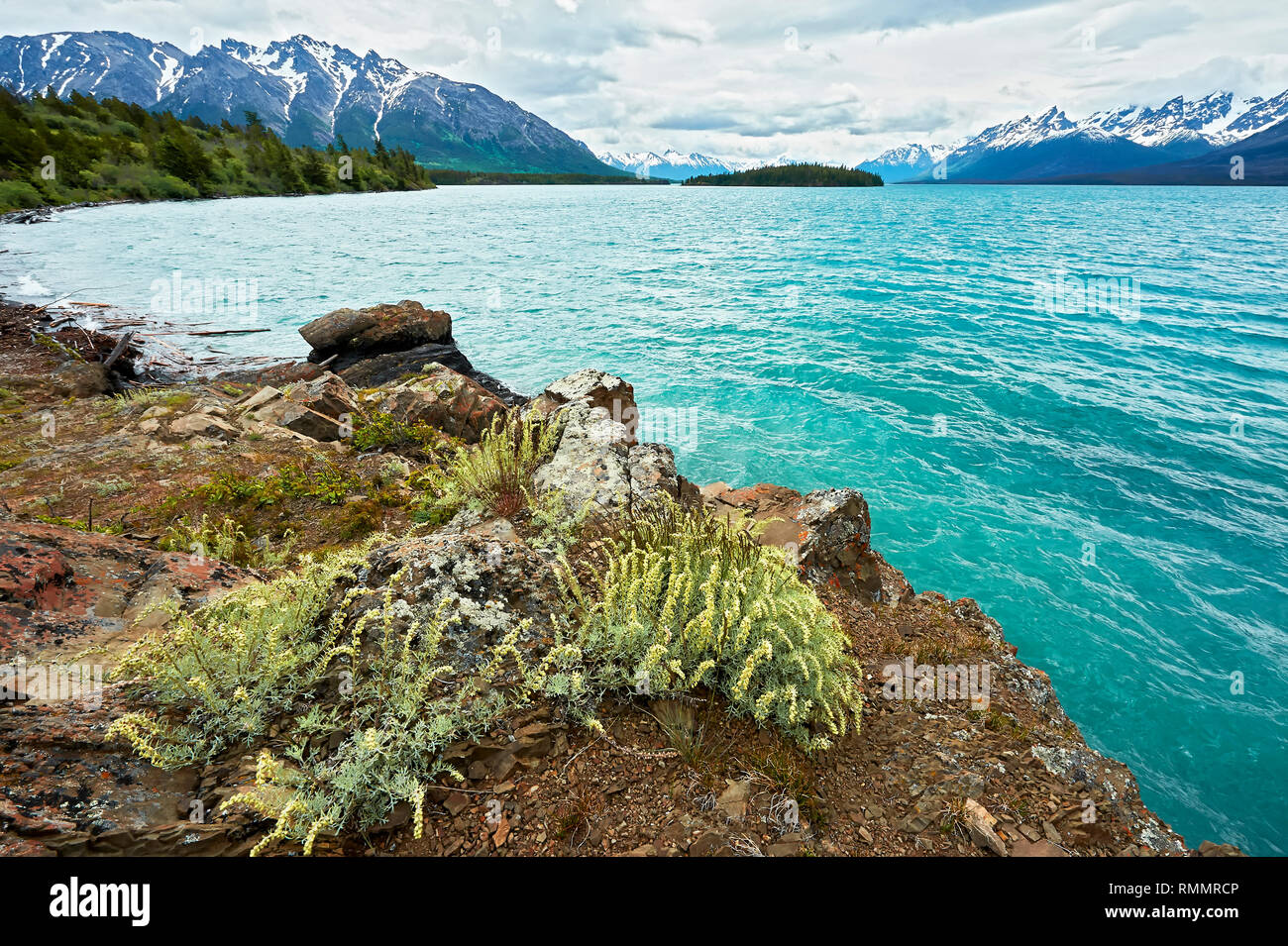 Scenic view of Chilko Lake with its turquoise water, and snowcovered