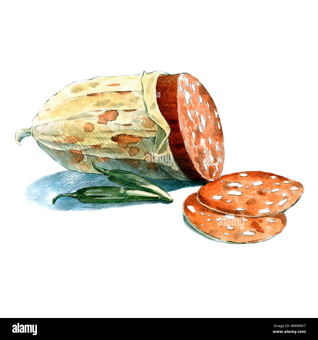 Salami and pepper watercolor illustration on white background Stock Photo