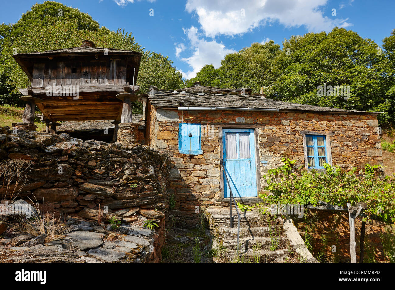 Traditional stone construction village with horreo storage in Asturias. Spain Stock Photo