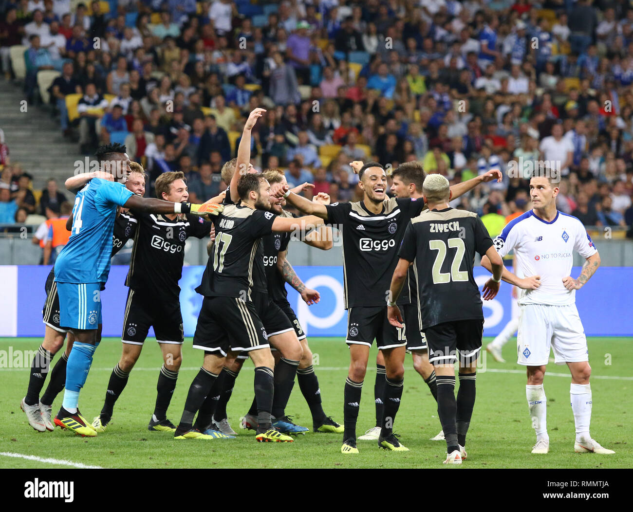 KYIV, UKRAINE - AUGUST 28, 2018: AFC Ajax players celebrate the reach of group stage after the UEFA Champions League play-off game against FC Dynamo K Stock Photo