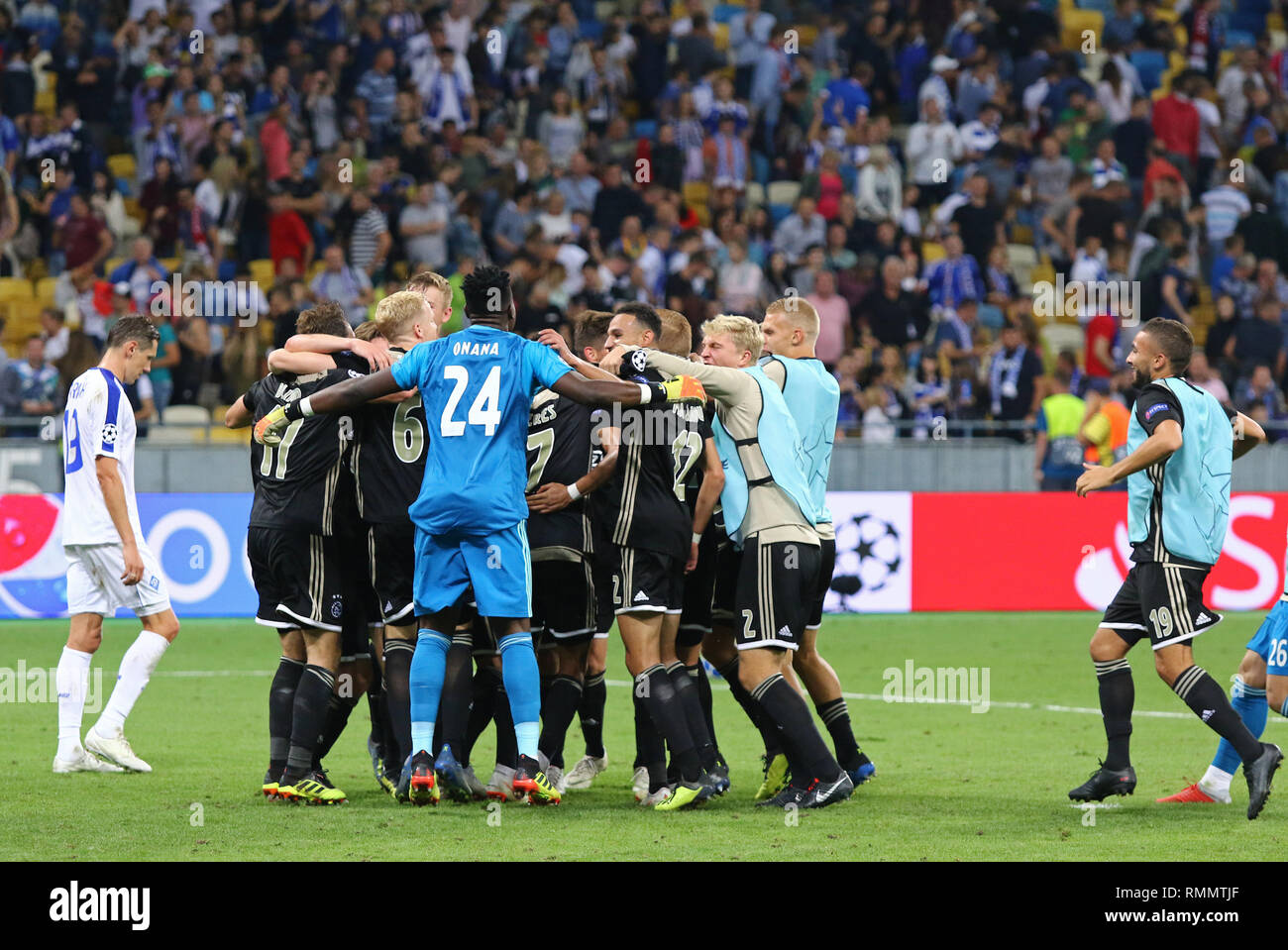 KYIV, UKRAINE - AUGUST 28, 2018: AFC Ajax players celebrate the reach of group stage after the UEFA Champions League play-off game against FC Dynamo K Stock Photo
