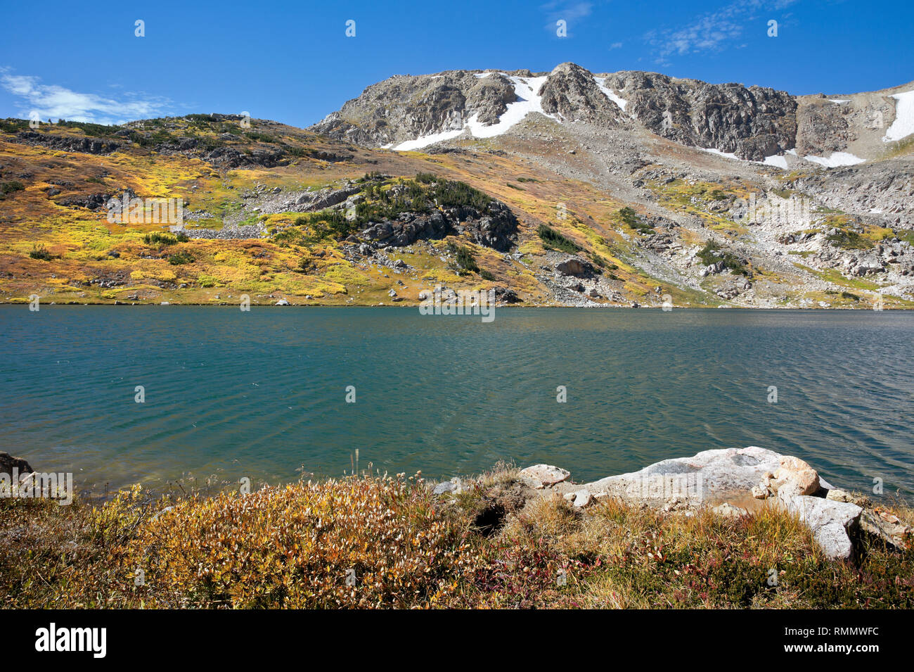 WYOMING - Fall color along the shore and on the hillsides around Gardner Lake in the Beartooth Mountains on the Beartooth National Scenic Trail. Stock Photo